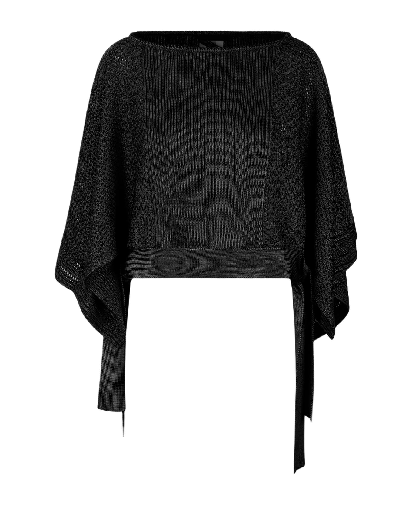 Alberta Ferretti Mesh Knitted Poncho Sweater - BLACK