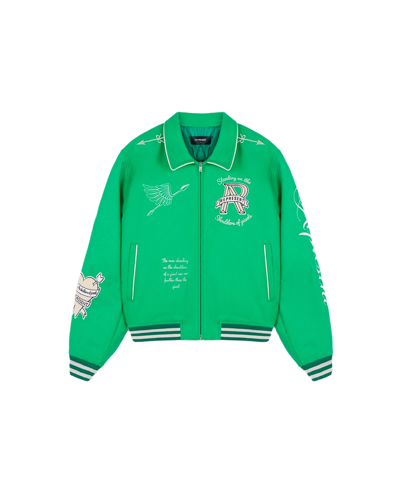 REPRESENT Cherub Wool Varsity Jacket Green wool varsity jacket with cherub patches - Cherub wool varsity jacket - Verde