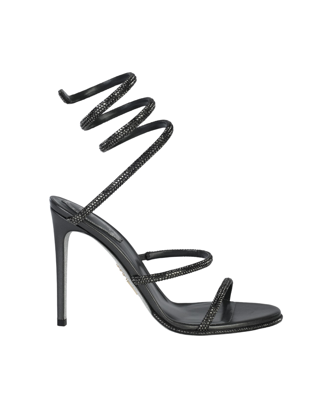 René Caovilla Black Leather Sandals - GREY SATIN/JET HEMATITE STRASS