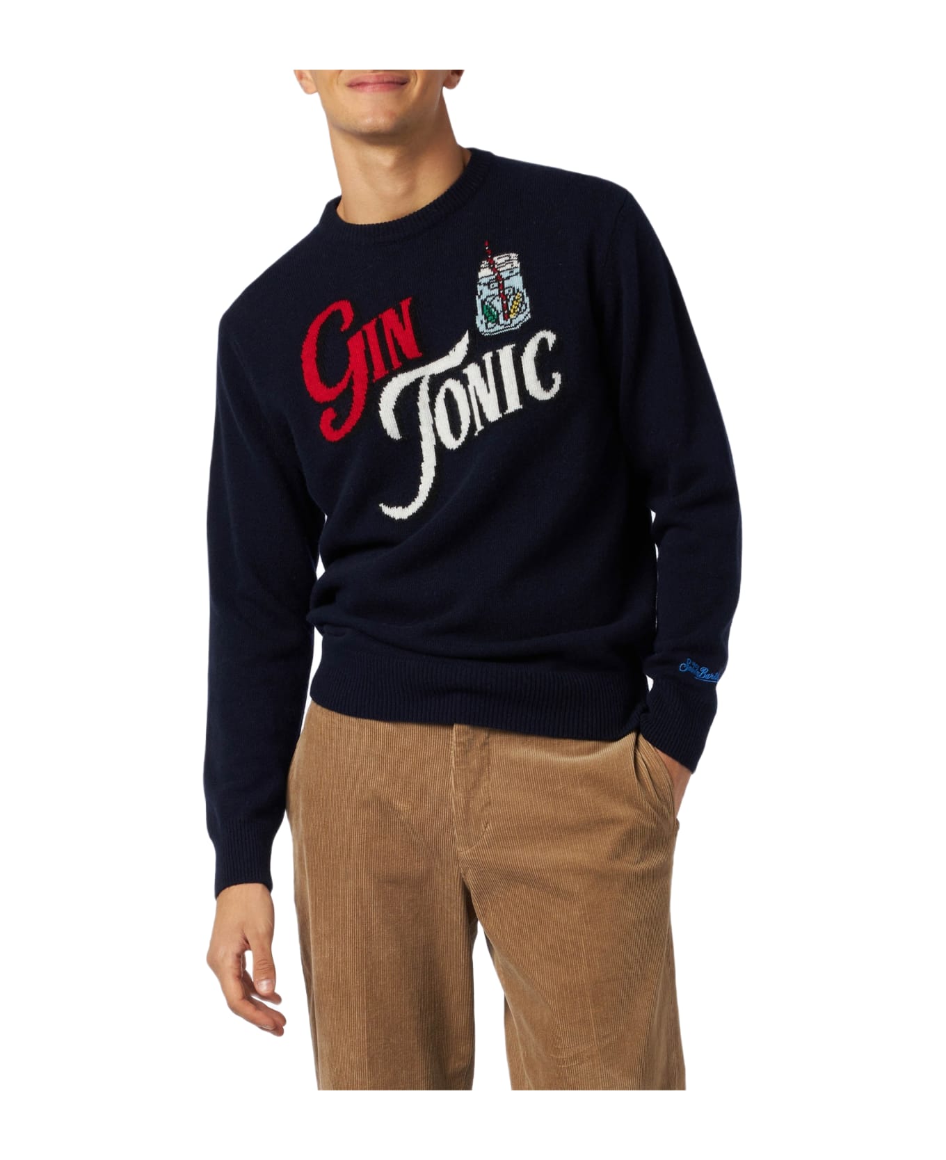 MC2 Saint Barth Man Crewneck Sweater With Gin Tonic Jacquard - BLUE