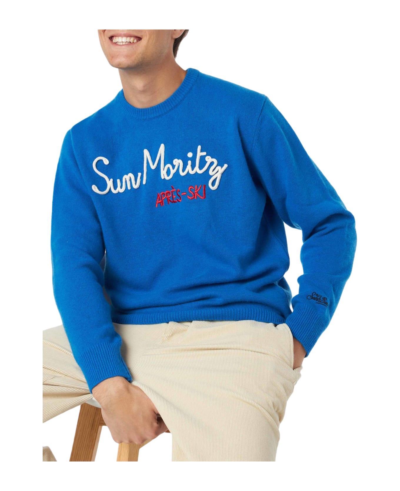 MC2 Saint Barth Man Crewneck Sweater With Sun Moritz Après Ski Embroidery - SKY