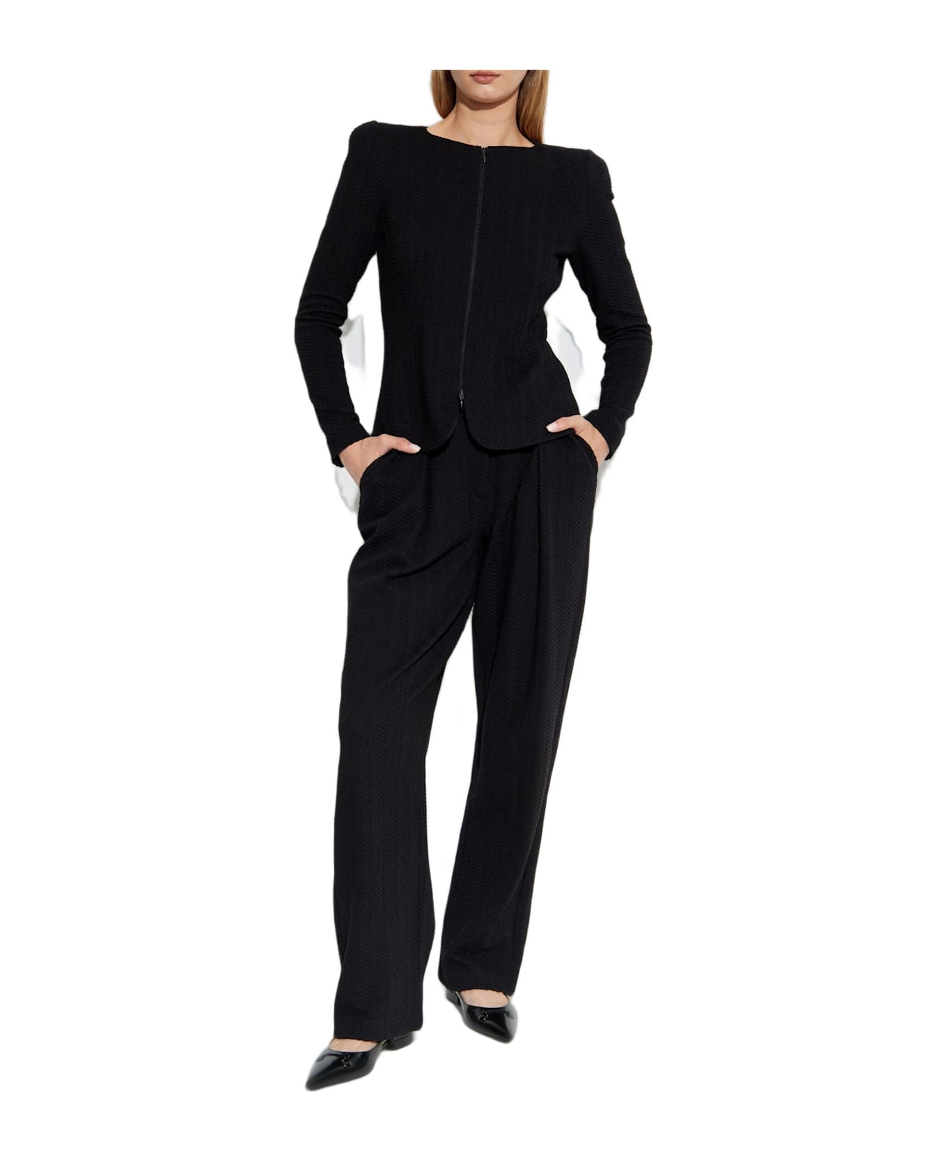 Emporio Armani Herringbone Pattern Cardigan - Black
