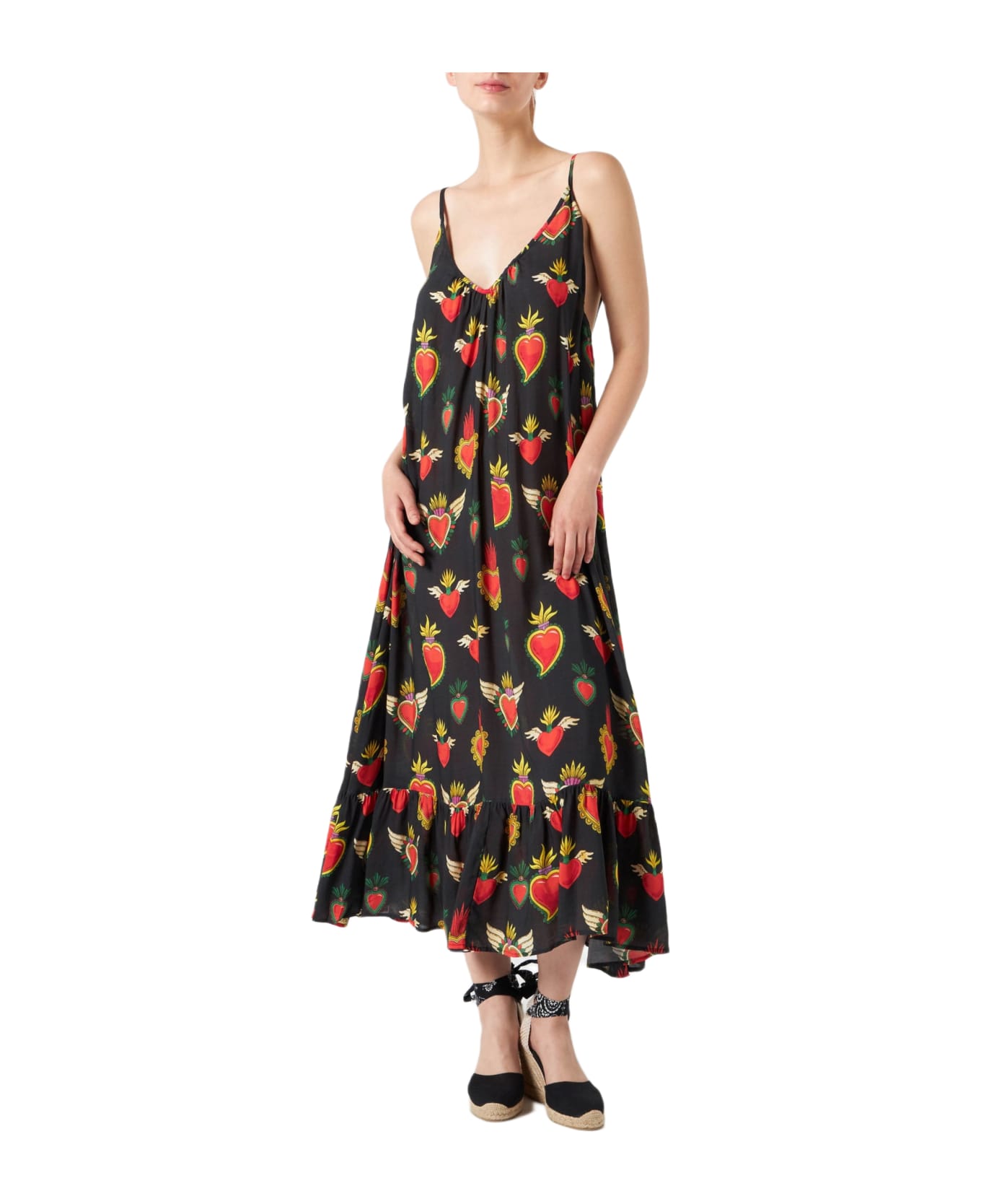 MC2 Saint Barth Secret Heart Print Gown With Shoulder Straps - BLACK