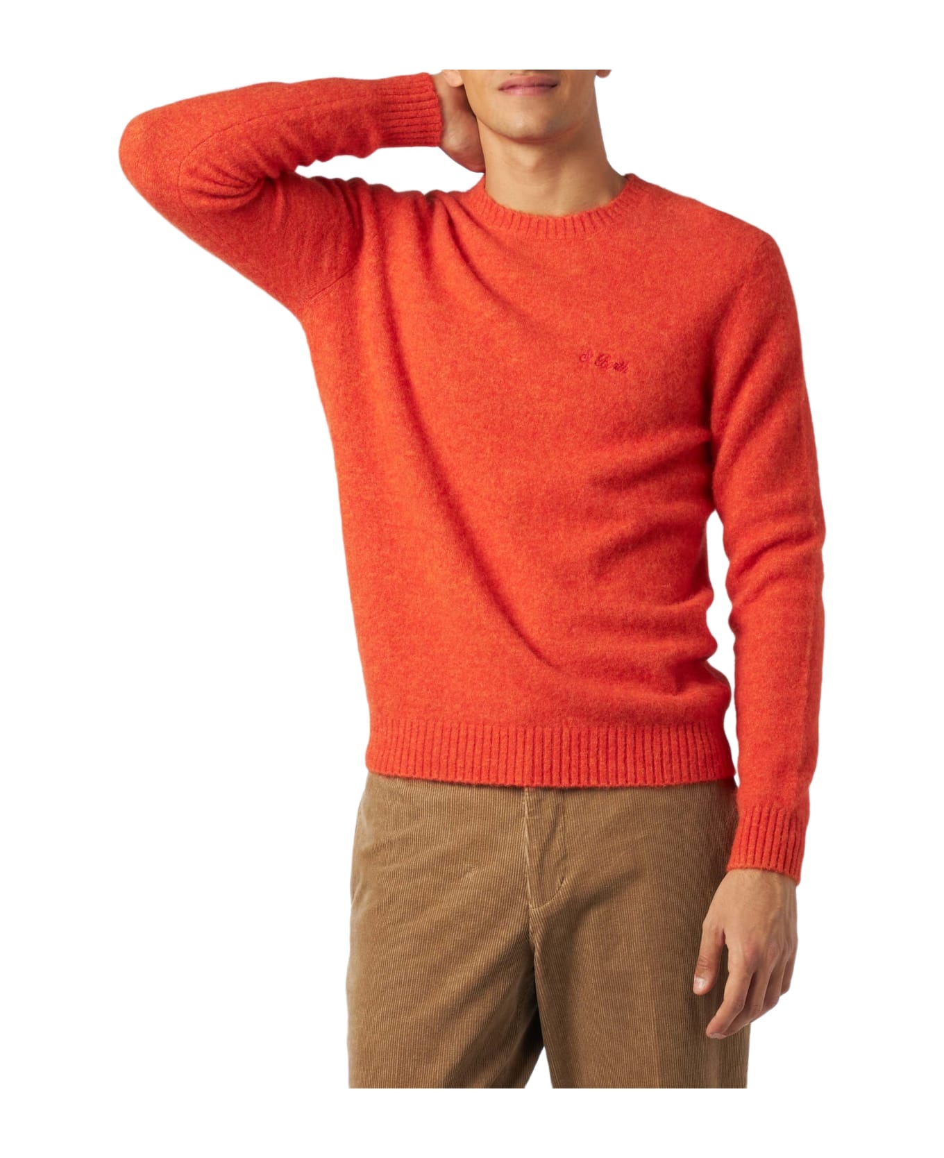 MC2 Saint Barth Man Orange Stretch Wool Sweater With St. Barth Embroidery - ORANGE