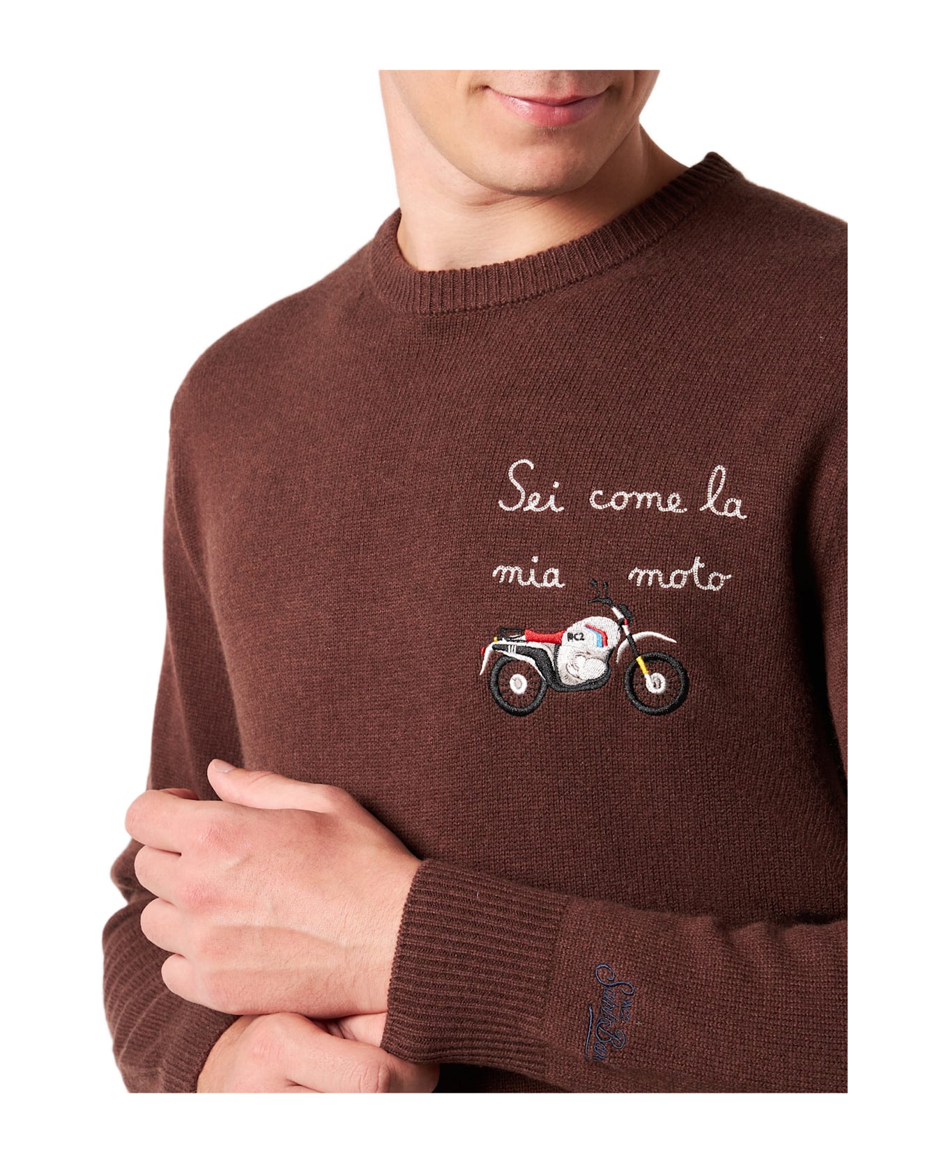 MC2 Saint Barth Man Crewneck Sweater With Sei Come La Mia Moto Embroidery - BROWN