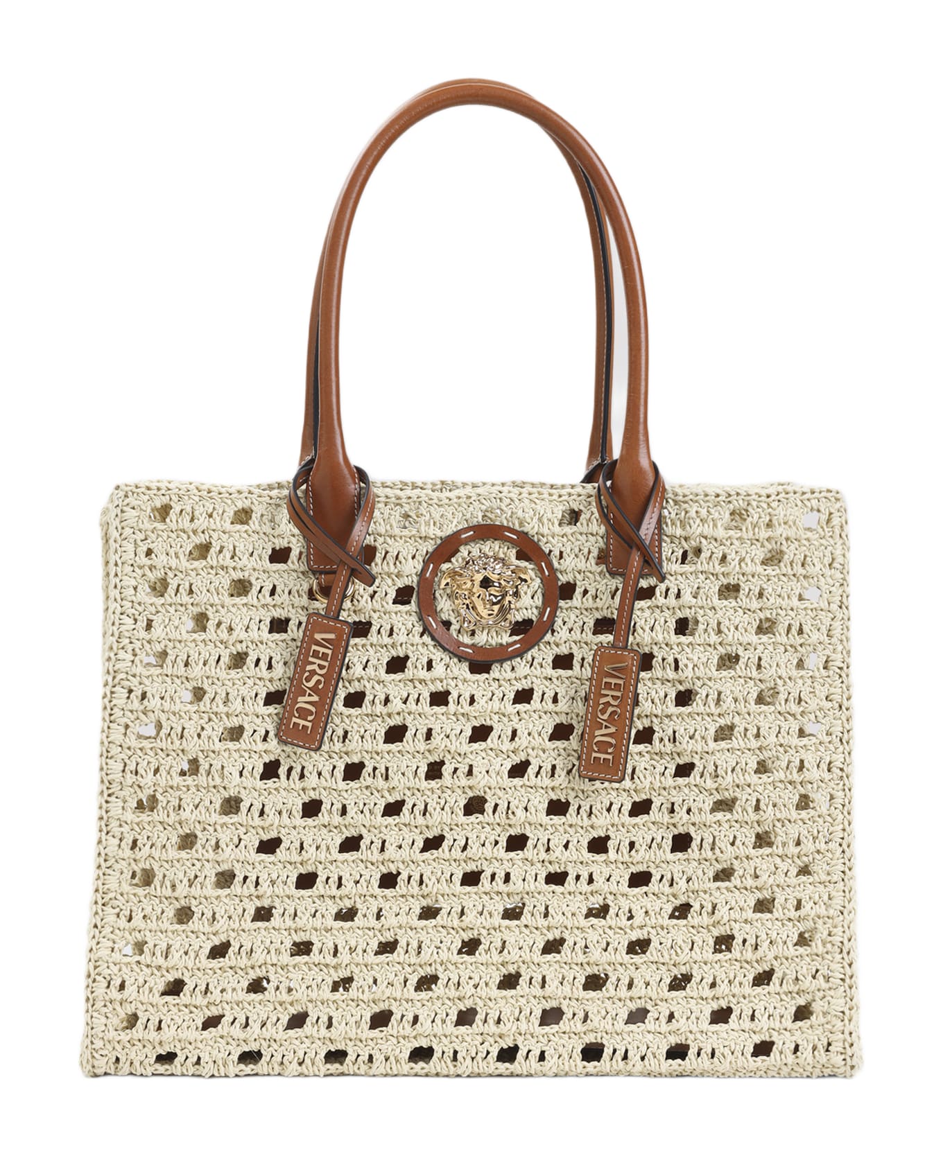 Versace Rafia Large Tote Bag - V Natural Ambrer