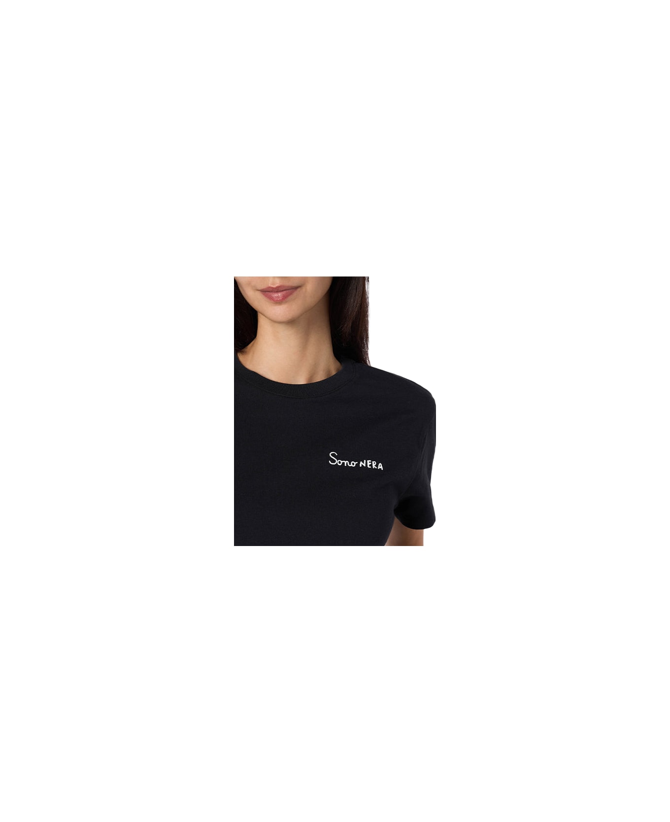 MC2 Saint Barth Woman Black Cotton Jersey Crewneck T-shirt Emilie With Sono Nera Embroidery - BLACK