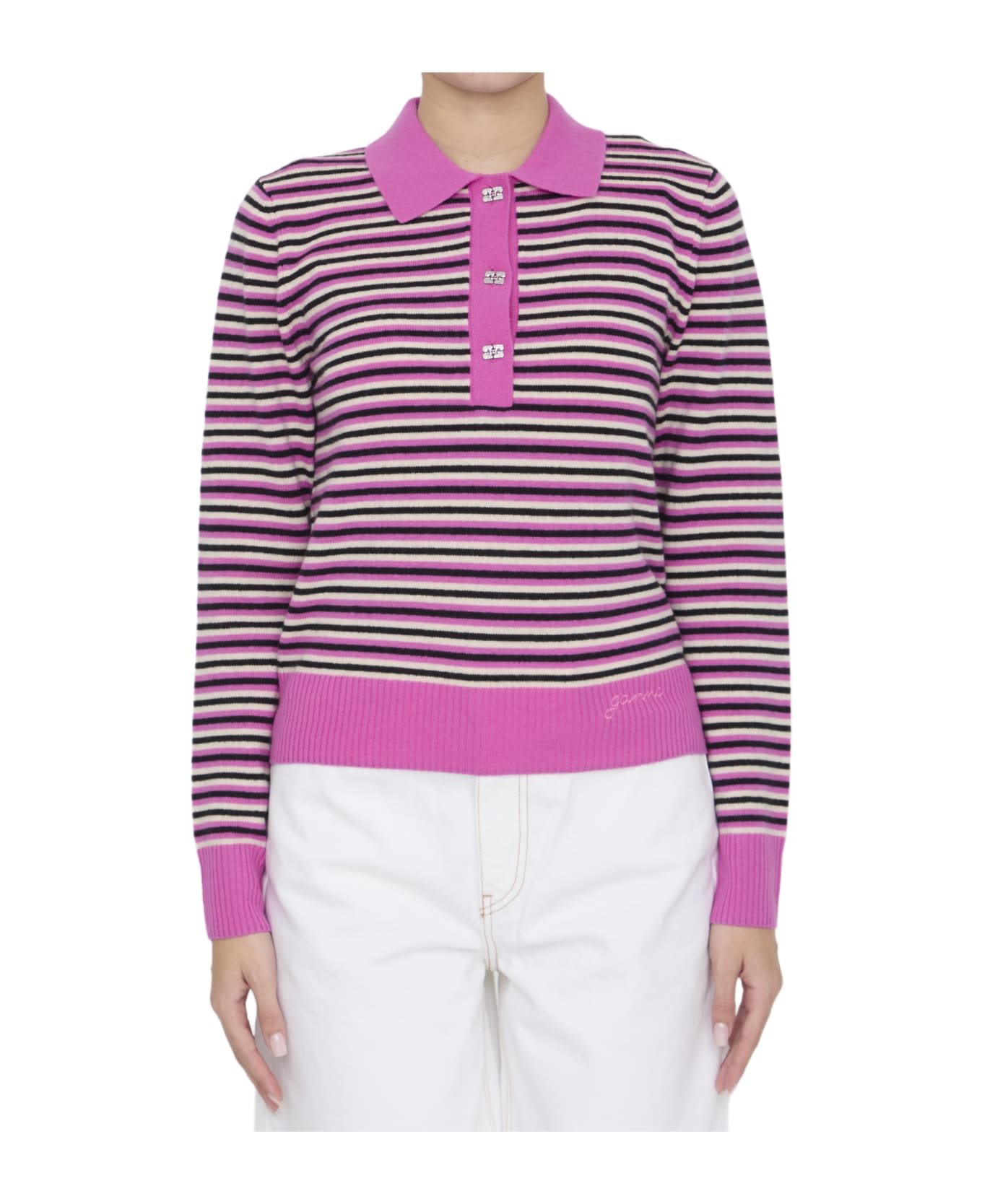 Ganni Striped Polo Sweater - Fuchsia ポロシャツ