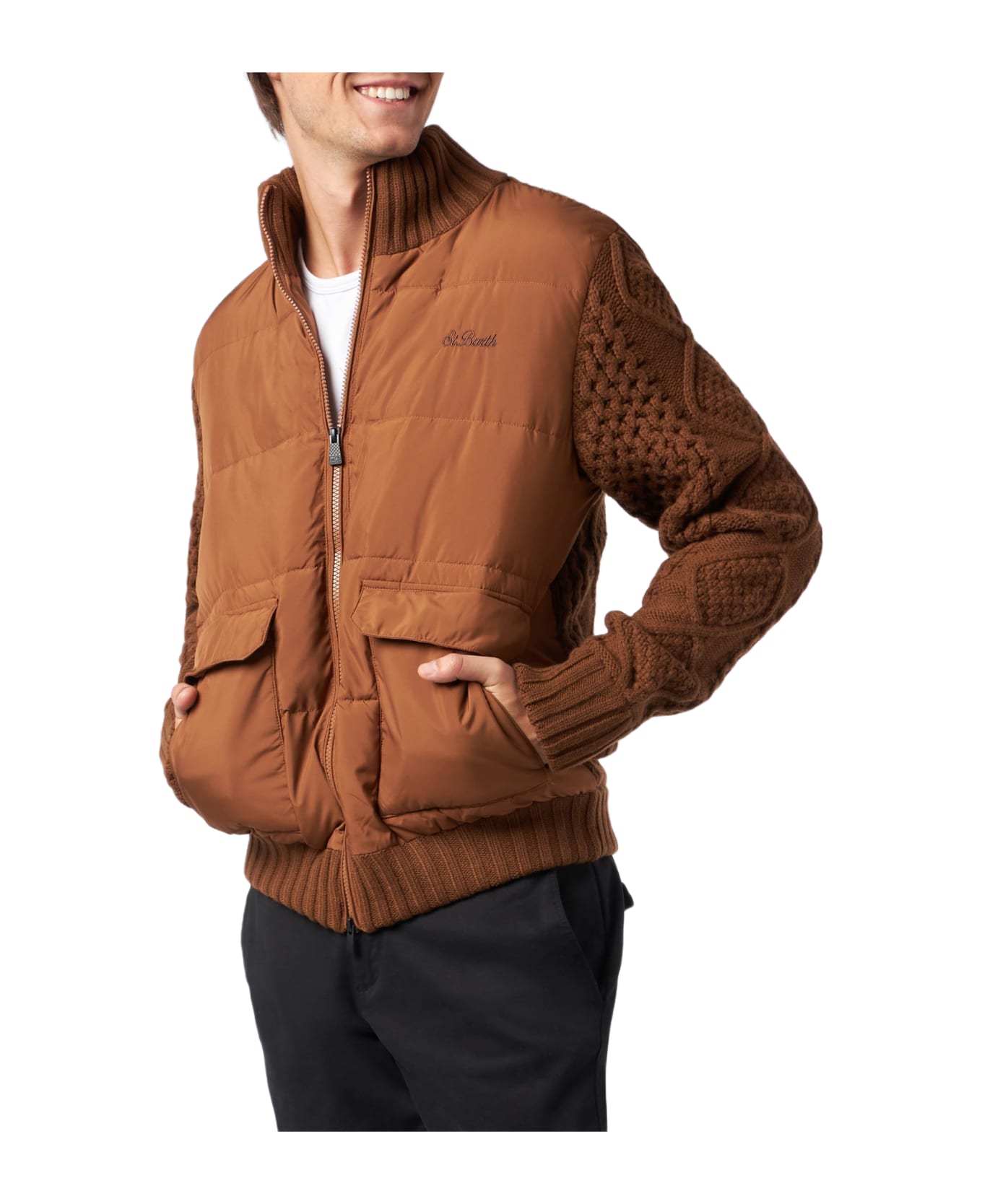 MC2 Saint Barth Man Brown Padded Jacket With Knitted Sleeves - BROWN