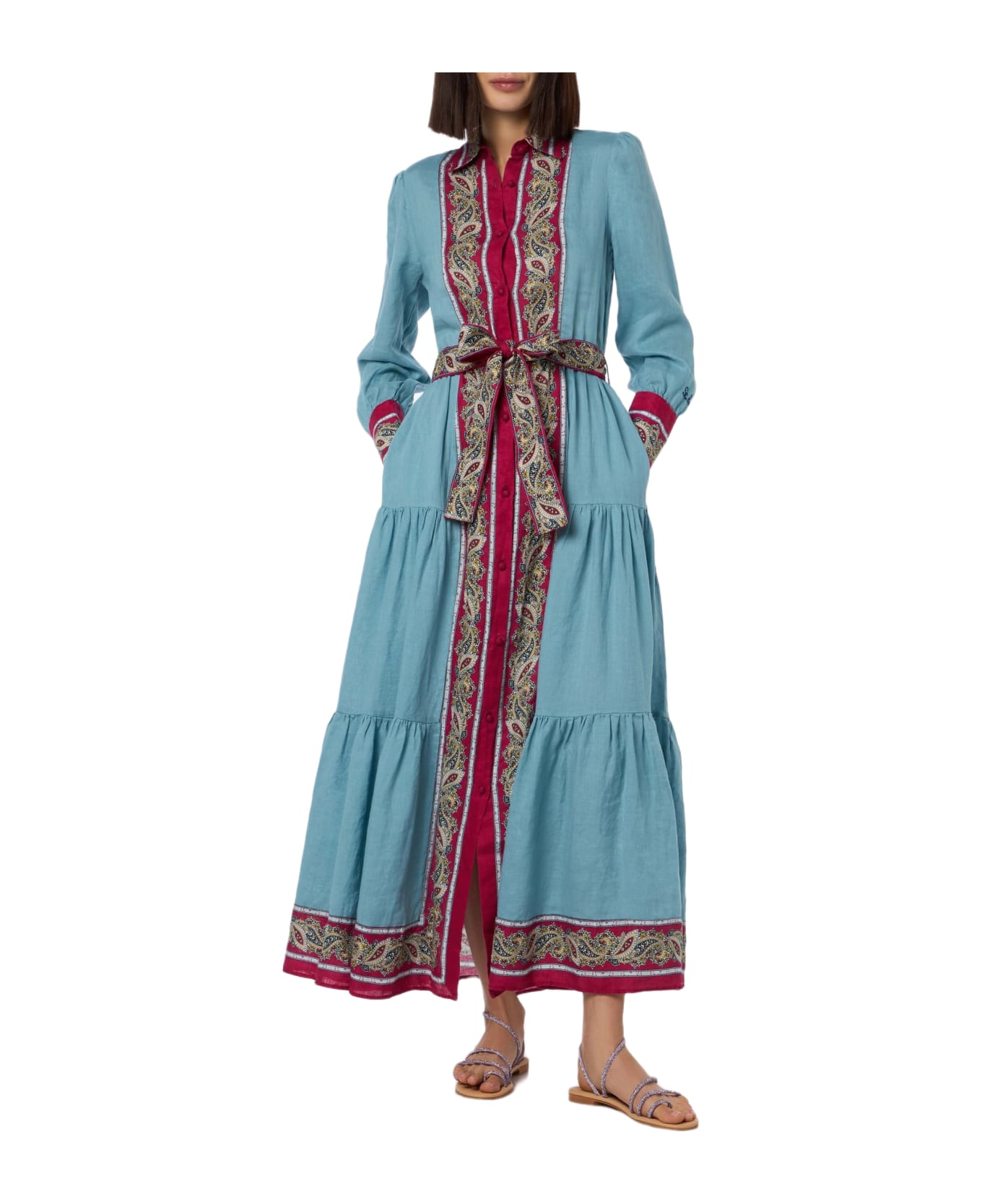 MC2 Saint Barth Woman Light Blue Linen Dress Jensen With Paisley Placed Print