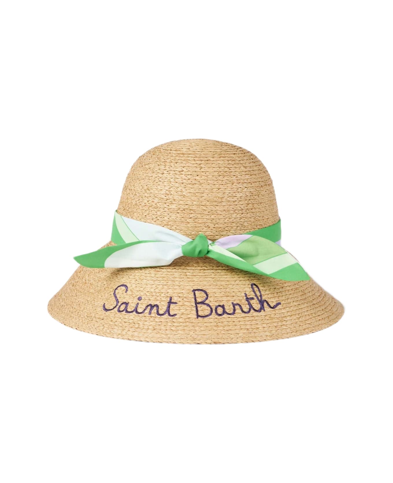 MC2 Saint Barth Woman Straw Bucket With Front Embroidery And Multicolor Printed Stripe - WHITE