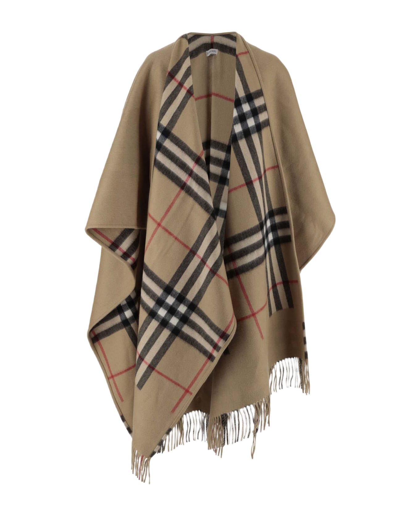 Burberry Cashmere Blend Cape With Check Pattern - Beige