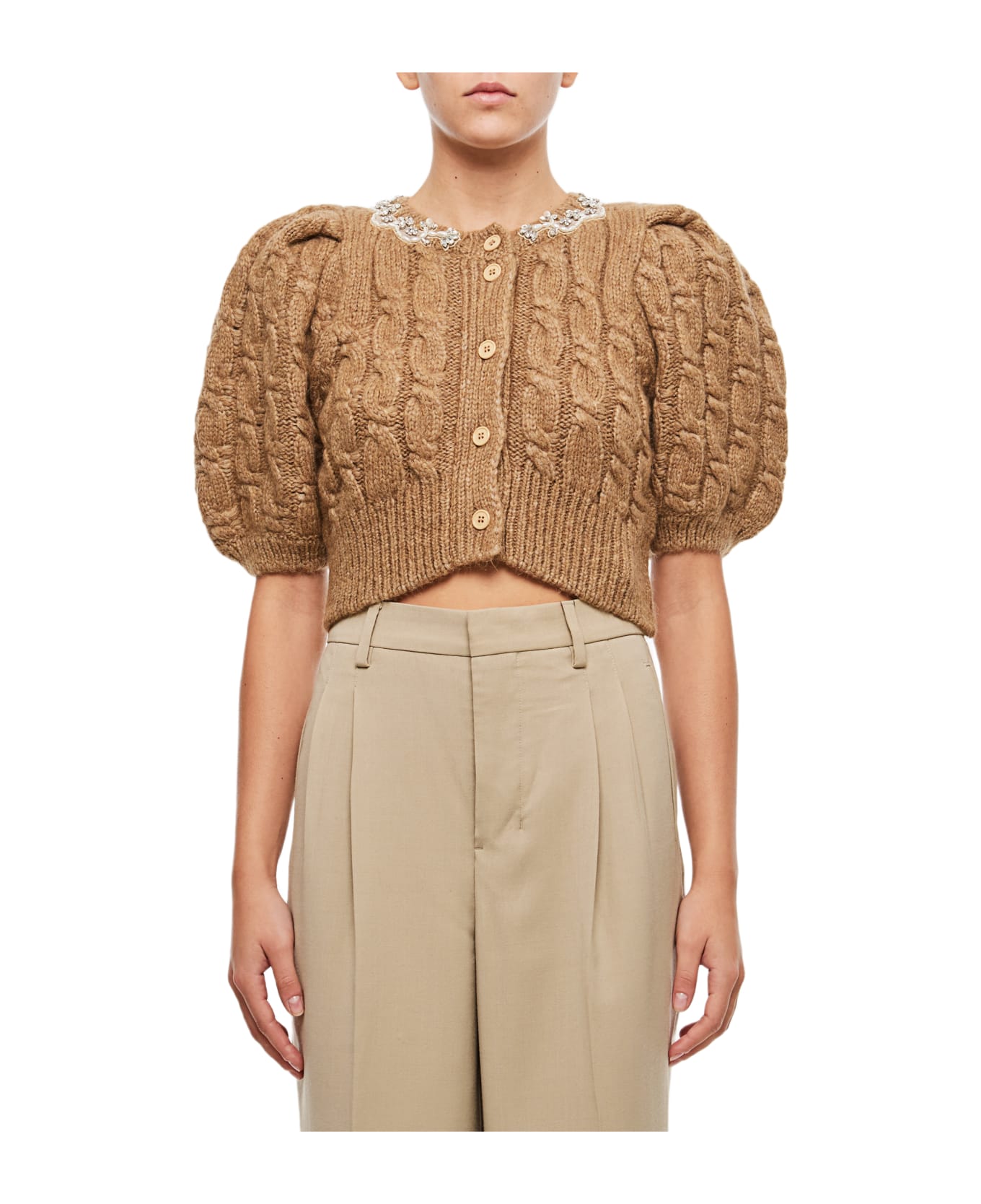 Simone Rocha Cropped Cable Puff Sleeve Cardigan - Beige