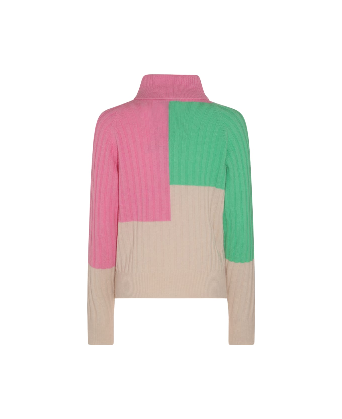 Essentiel Antwerp Beige, Green And Neon Pink Merino Wool And Cashmere Blend Rib Knit Sweater - BEL AIR