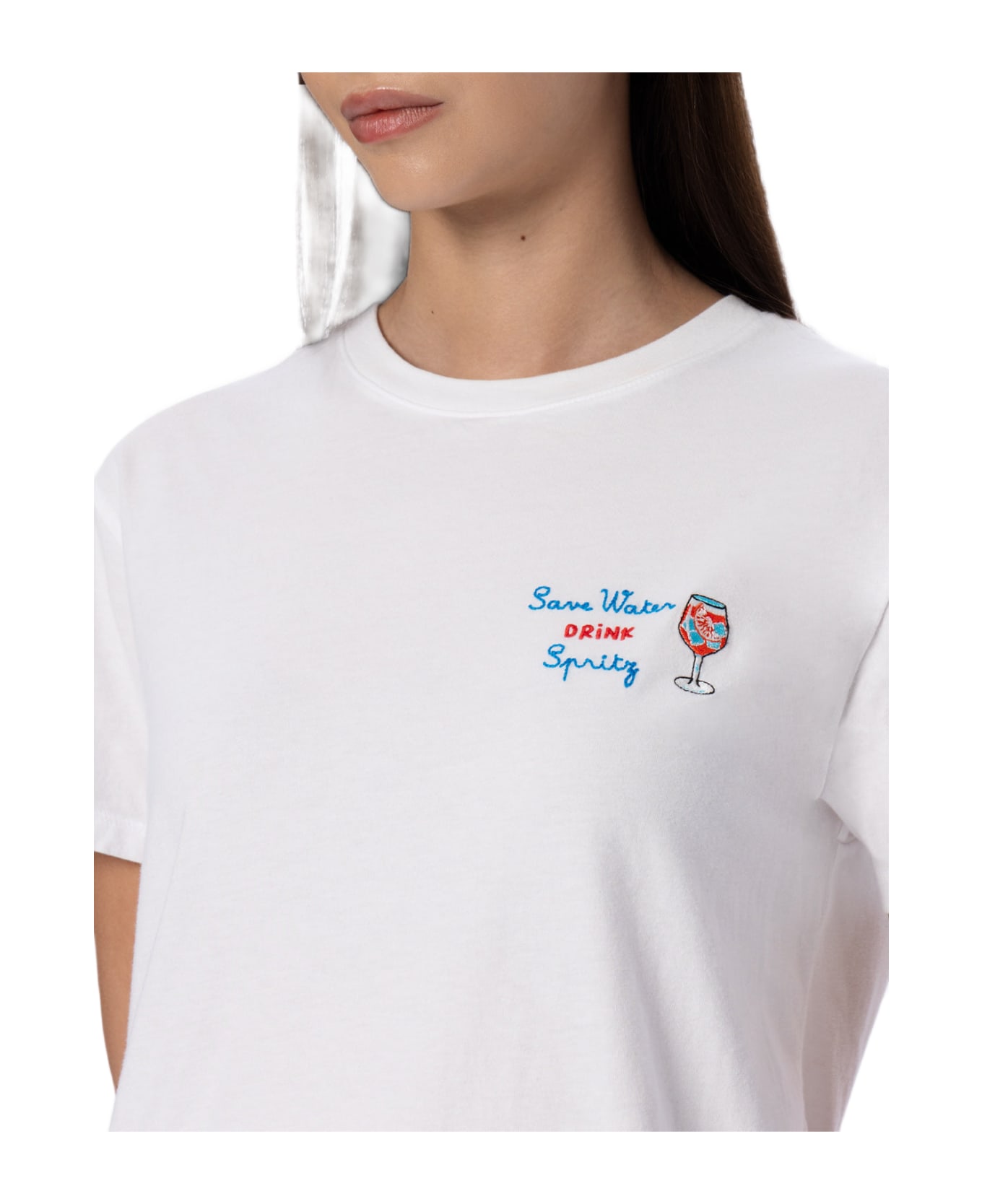 MC2 Saint Barth Woman Cotton Jersey Crewneck T-shirt Emilie With Save Water, Drink Spritz Embroidery - WHITE