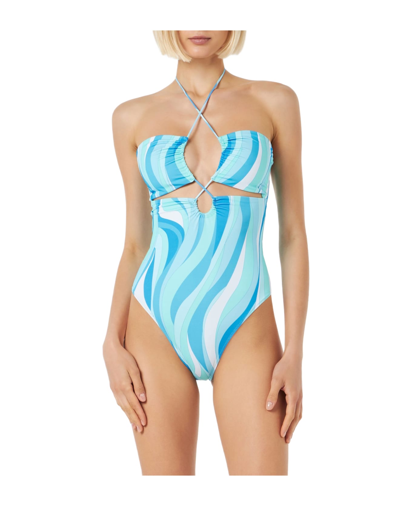 MC2 Saint Barth Cutout One Piece Swimsuit With Wave Print - BLUE