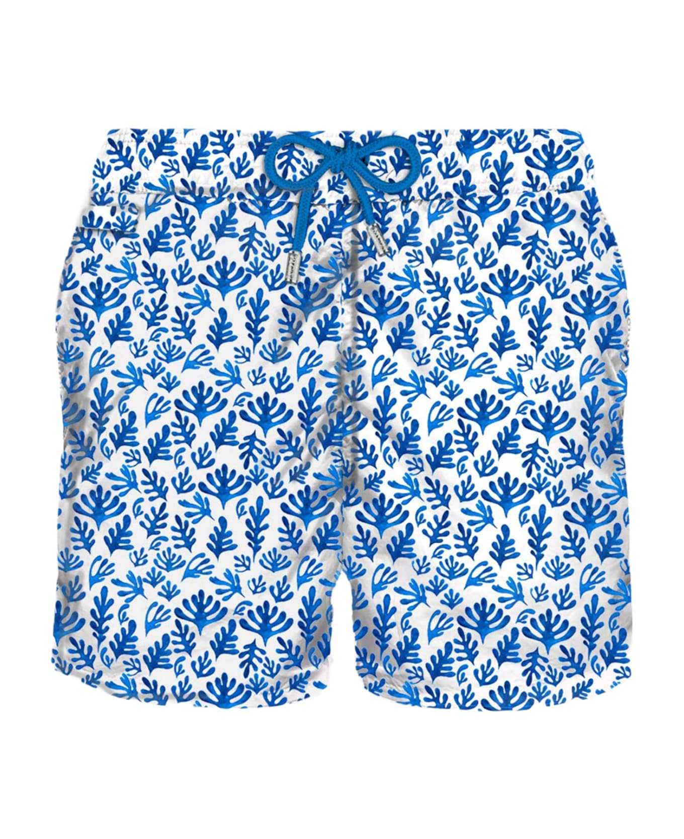 MC2 Saint Barth Man Light Fabric Swim Shorts With Blue Leaves Print - WHITE