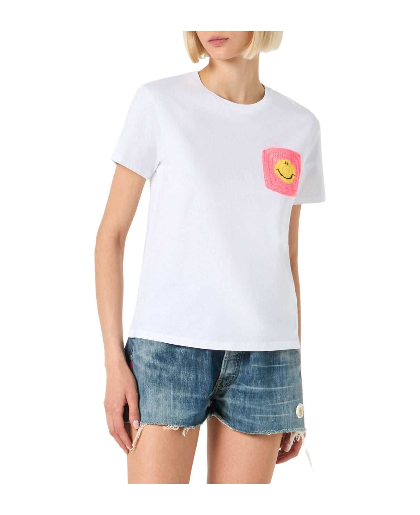 MC2 Saint Barth Woman Cotton T-shirt With Smile Crochet Pocket - WHITE