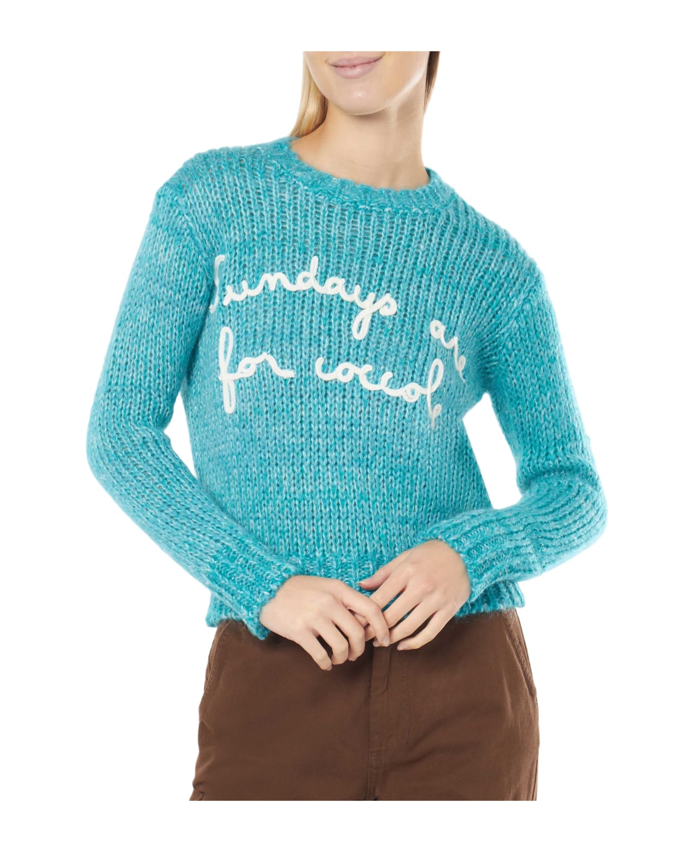 MC2 Saint Barth Woman Crewneck Soft Crop Sweater With Sundays Are For Coccole Embroidery - SKY ニットウェア