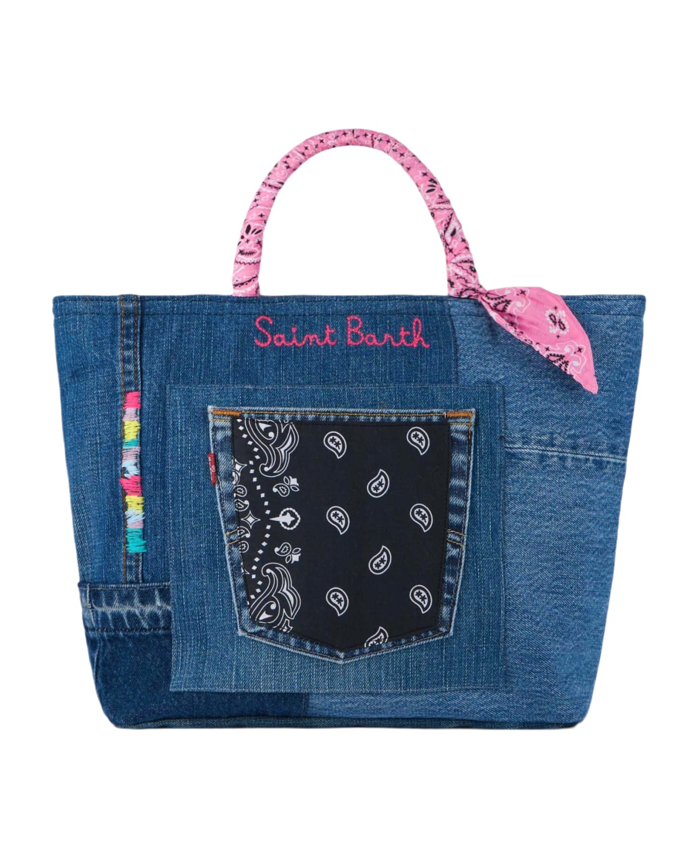 MC2 Saint Barth Denim Patchwork Handbag With Pink Bandanna Handles - GREY