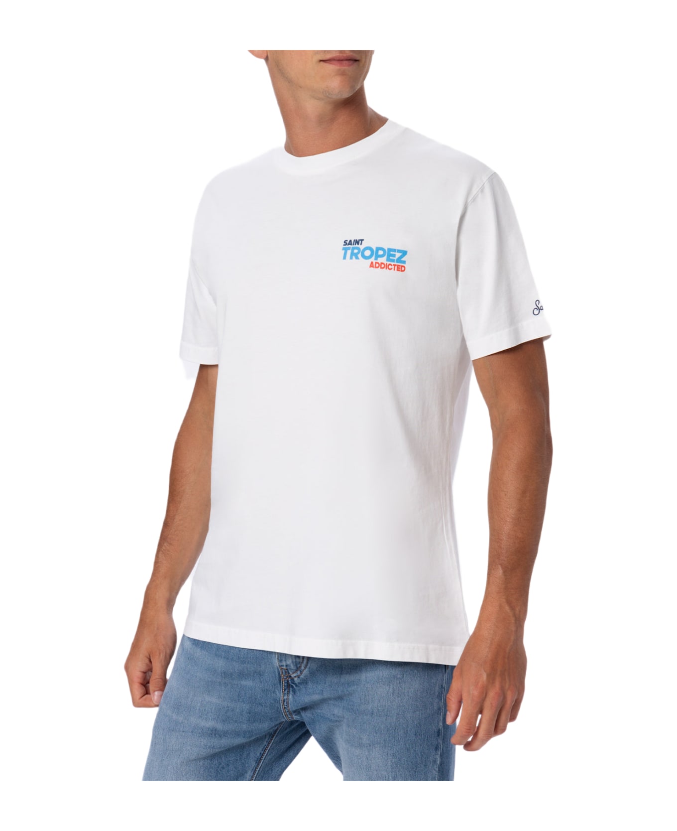 MC2 Saint Barth Man Cotton T-shirt With Saint Tropez Addicted Postcard Placed Print - WHITE