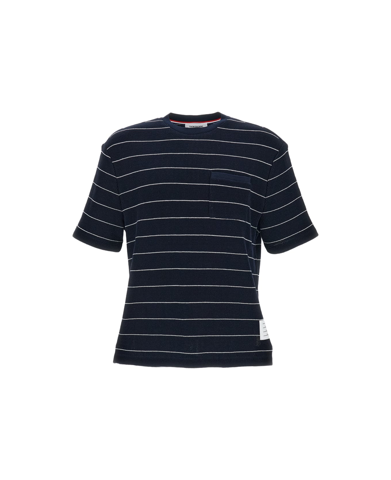Thom Browne Short Sleeve Tee In Textured Stripe Waffle - Blue