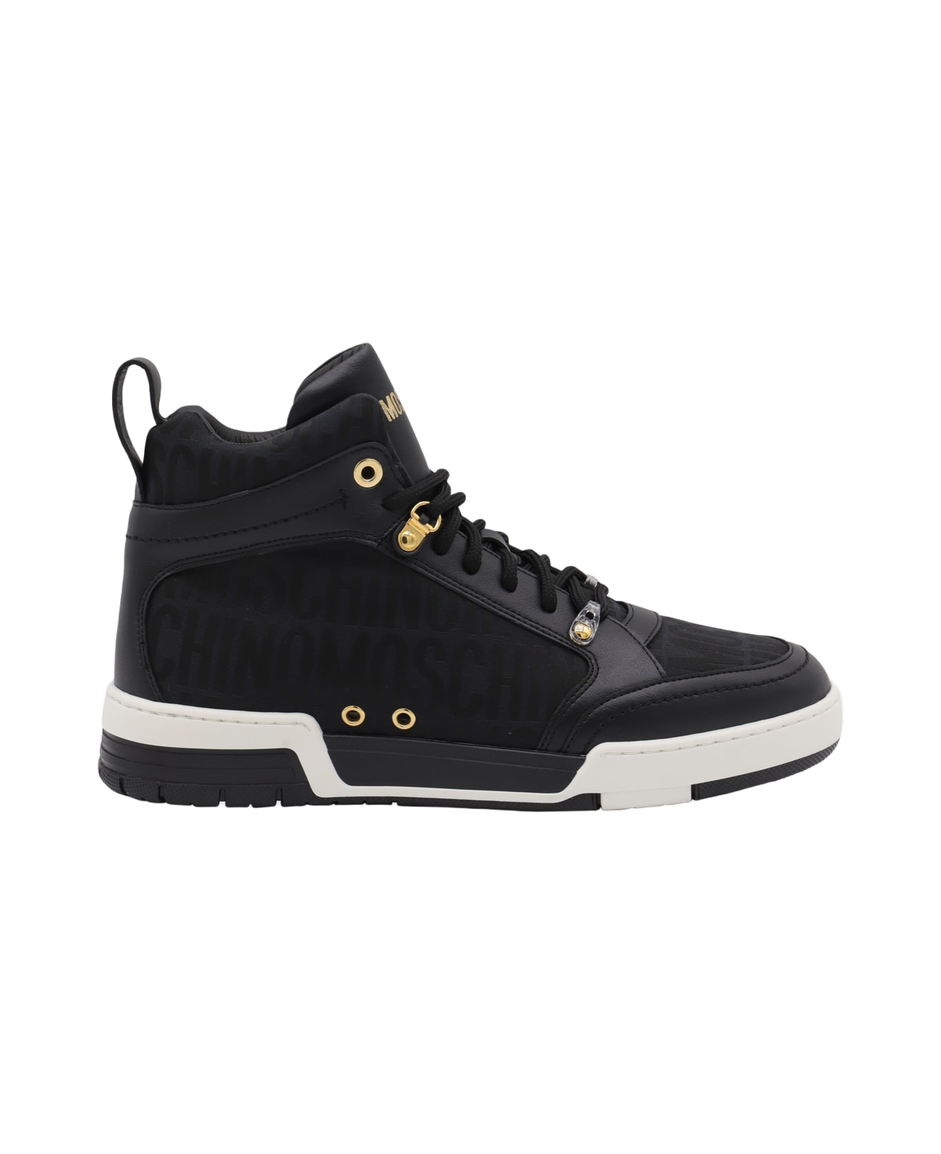 Moschino Black Leather And Canvas Monogram Jacquard High Top Sneakers - Black