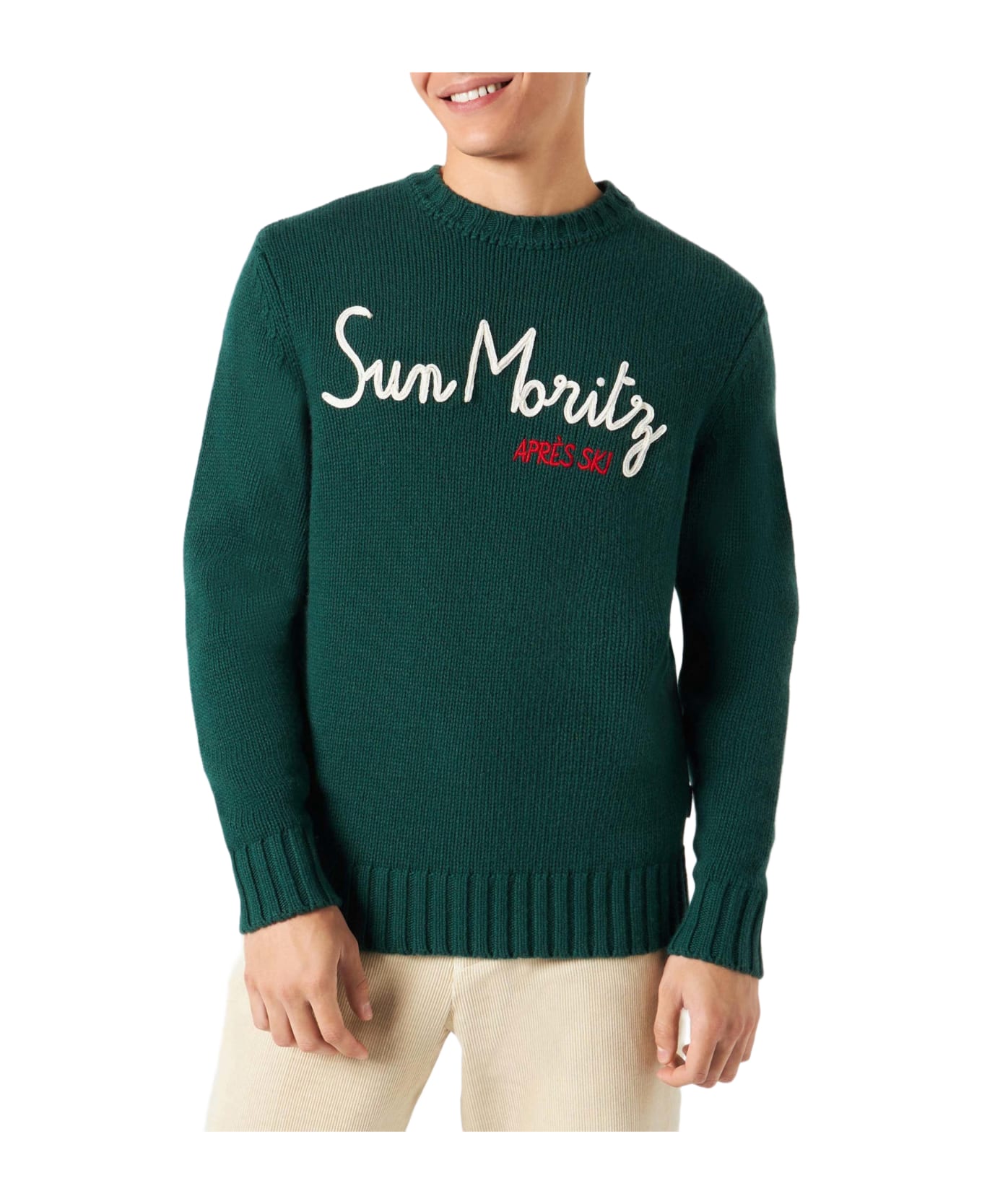 MC2 Saint Barth Man Blended Cashmere Sweater With Sun Moritz Embroidery - GREEN