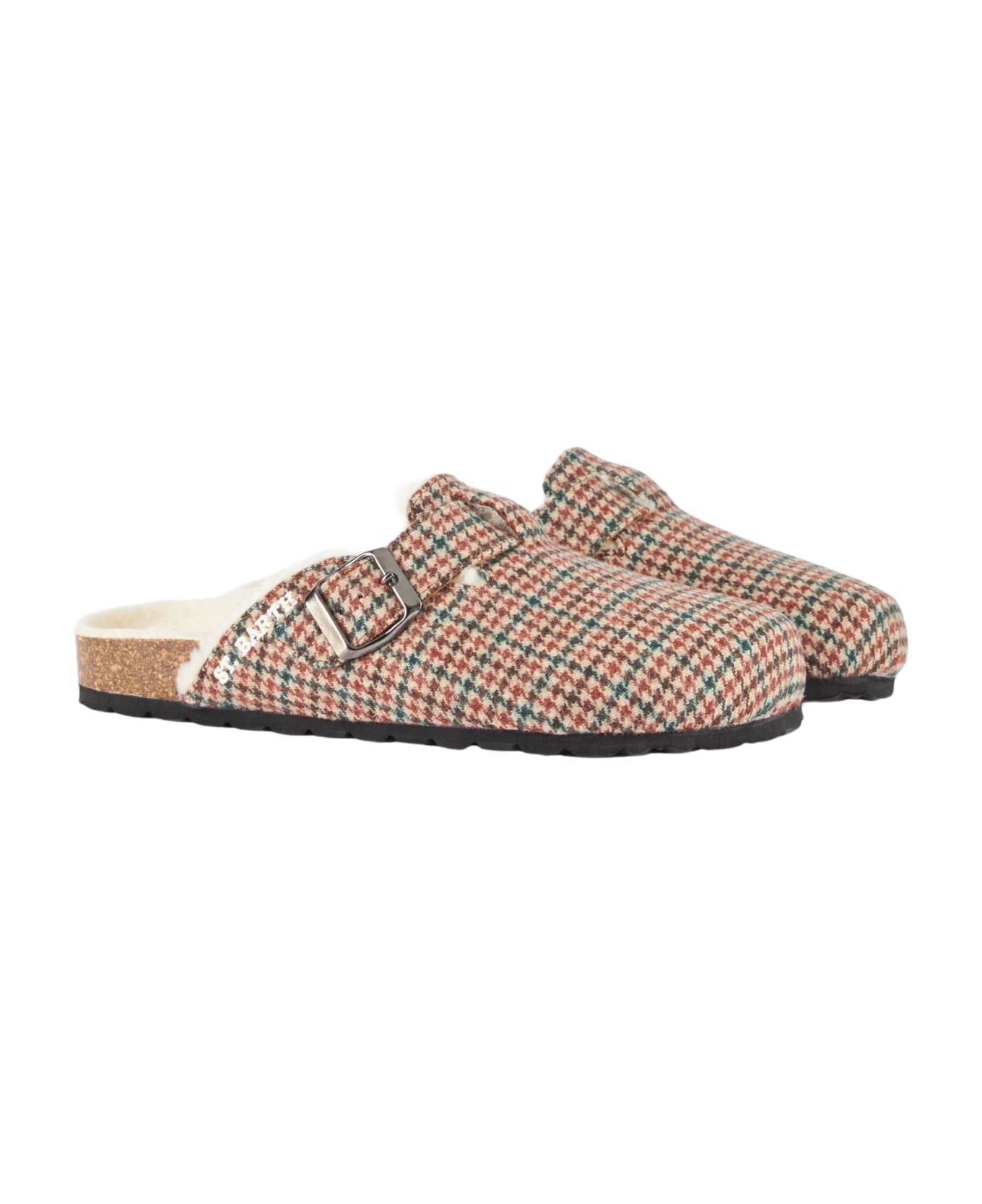 MC2 Saint Barth Woman Furry Sandal Clogs With Pied De Poule Print - GREEN