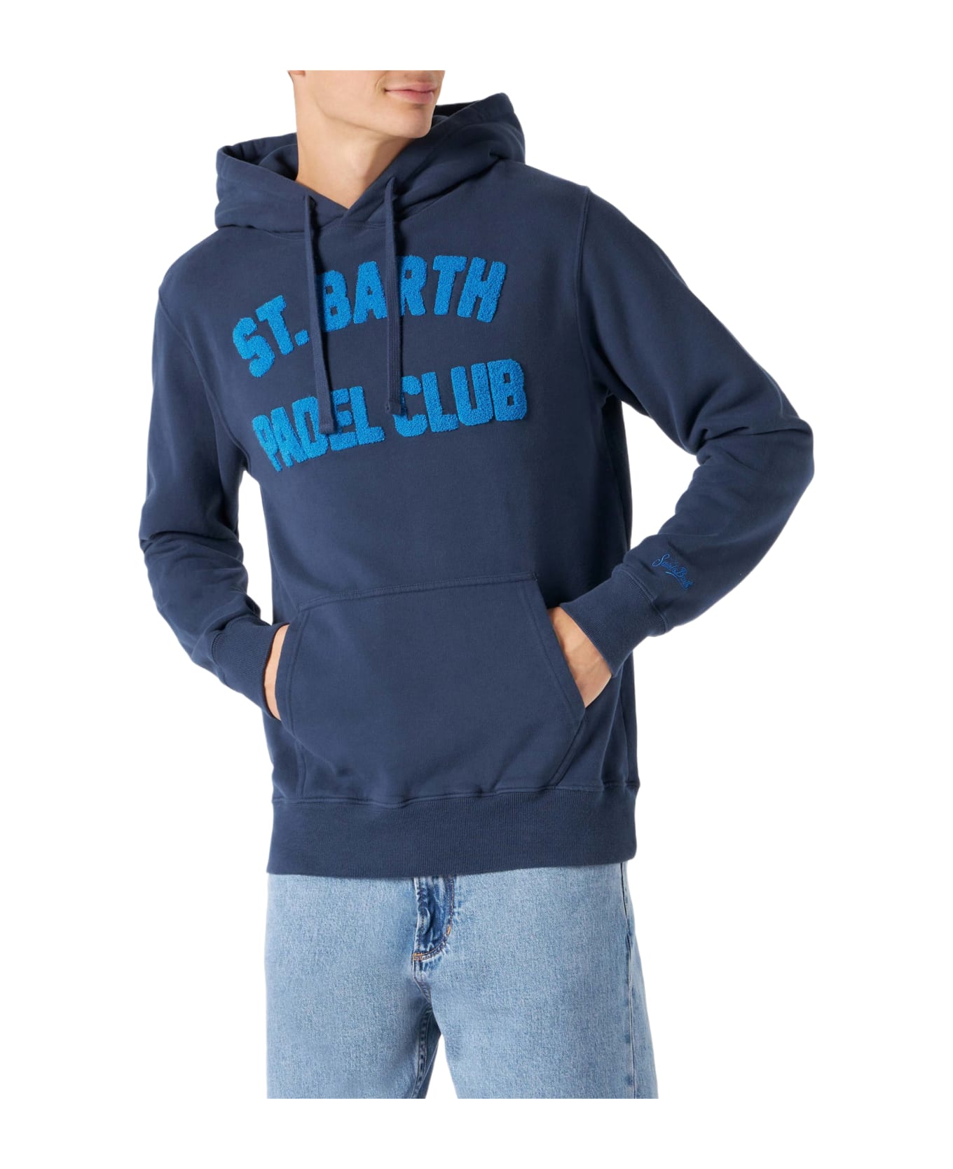 MC2 Saint Barth Man Navy Blue Hooded Sweatshirt With Print - BLUE