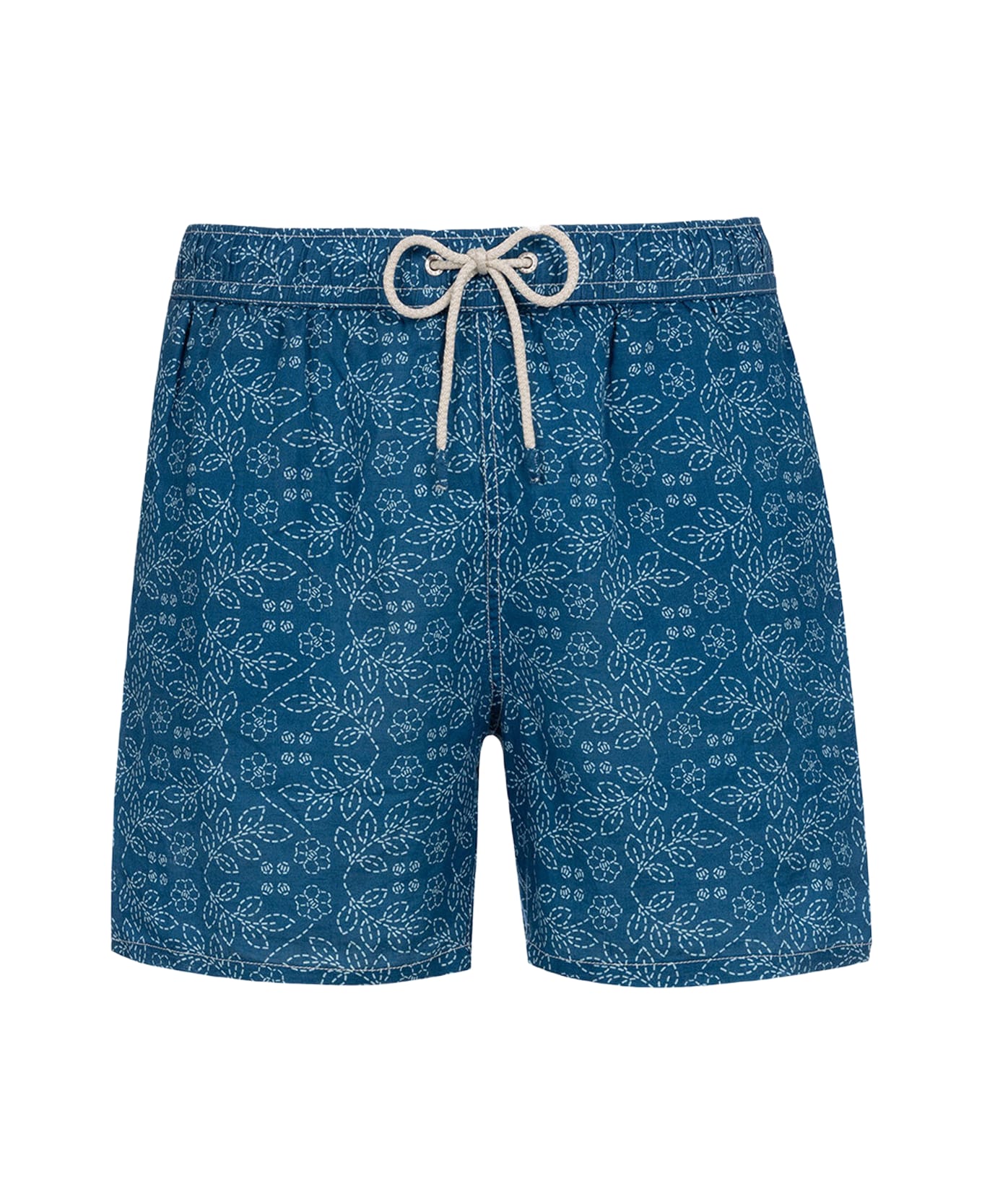 MC2 Saint Barth Man Mid-length Linen Swim-shorts Gustavia With Sashiko Print - BLUE