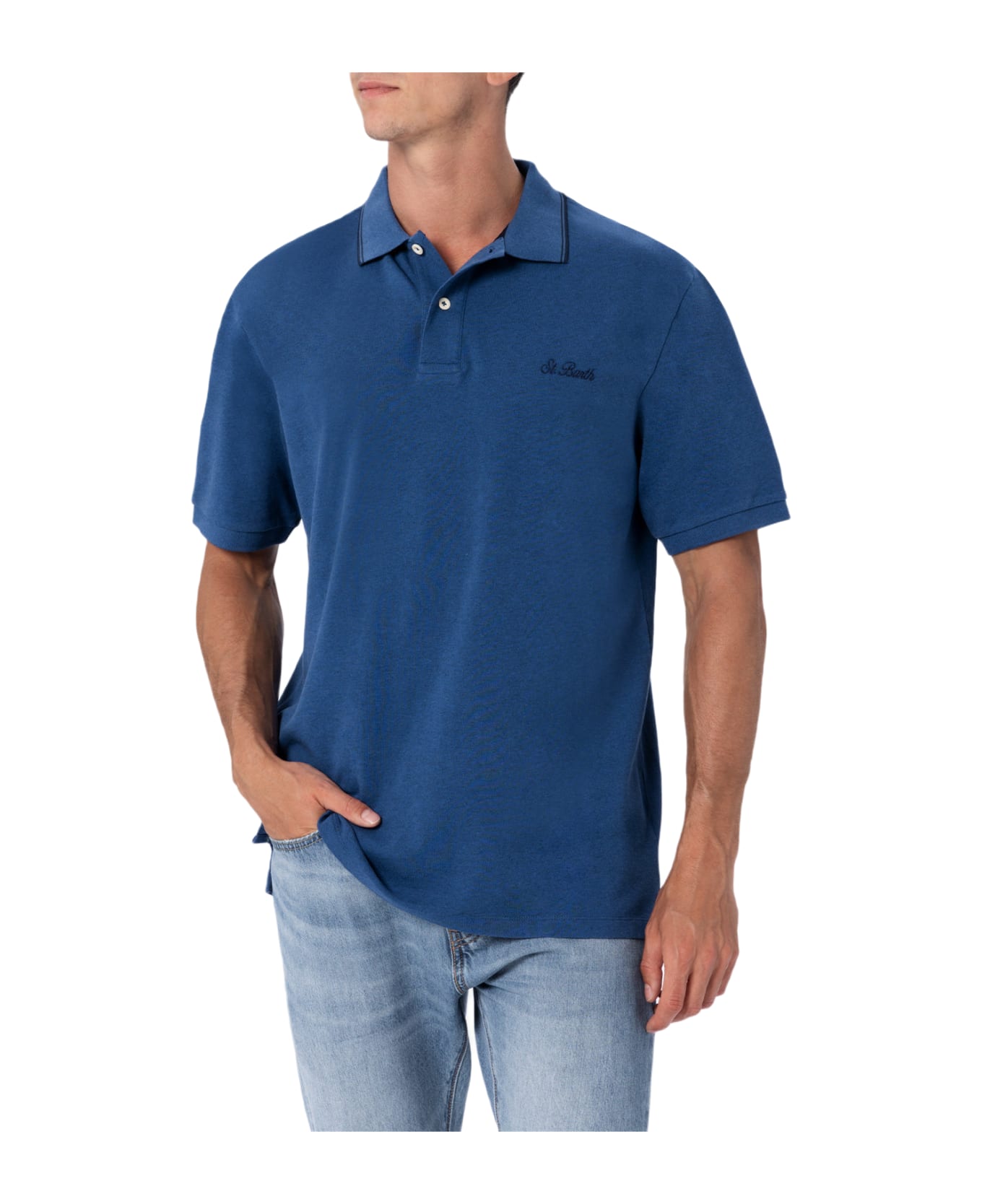 MC2 Saint Barth Man Denim Blue Cotton Piquet Polo Shirt Beverly Hills - BLUE