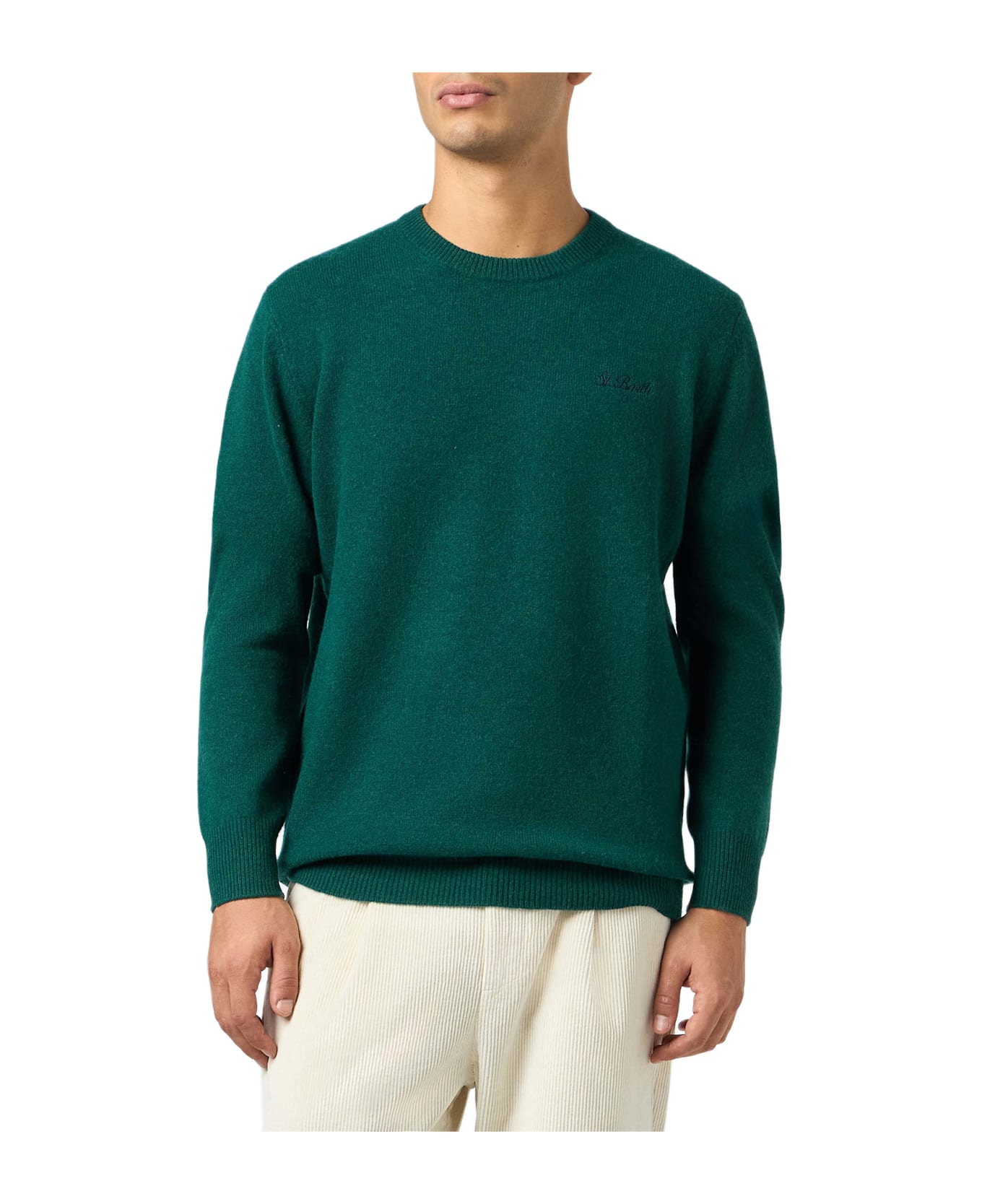 MC2 Saint Barth Man Crewneck Green Sweater With St. Barth Embroidery - APPLE GREEN