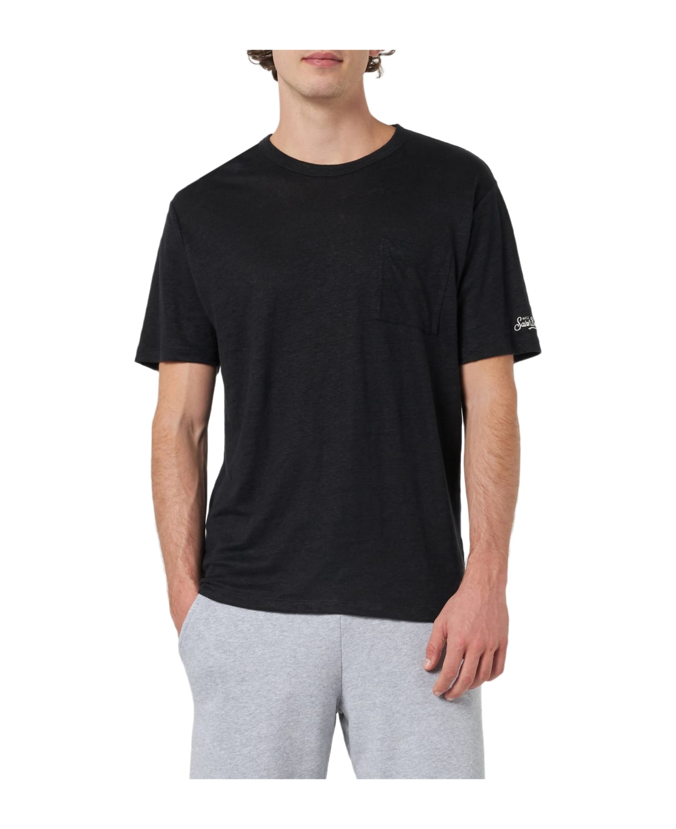 MC2 Saint Barth Man Black Linen Jersey T-shirt Ecstasea With Pocket - BLACK