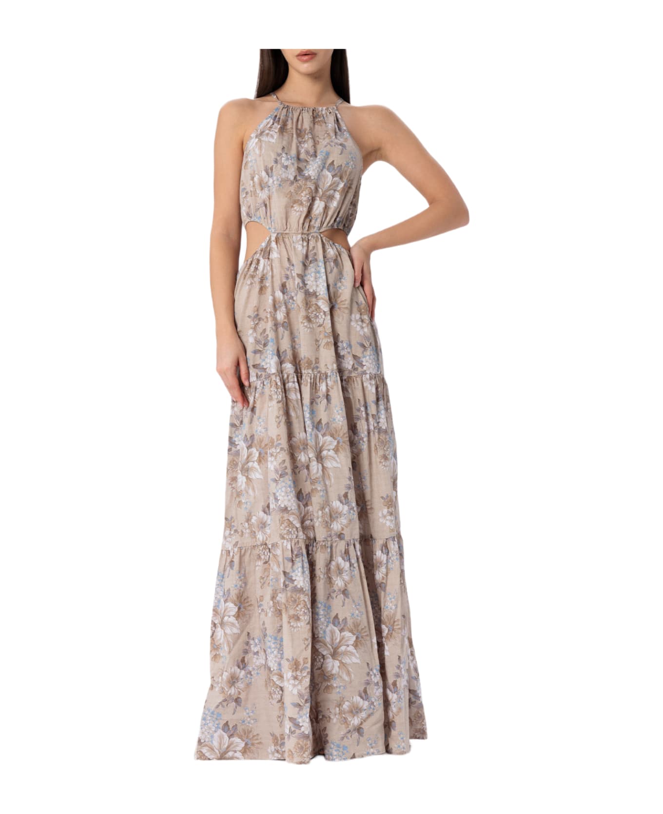 MC2 Saint Barth Woman Cut Out Long Dress Kaby With Flower Print - BEIGE