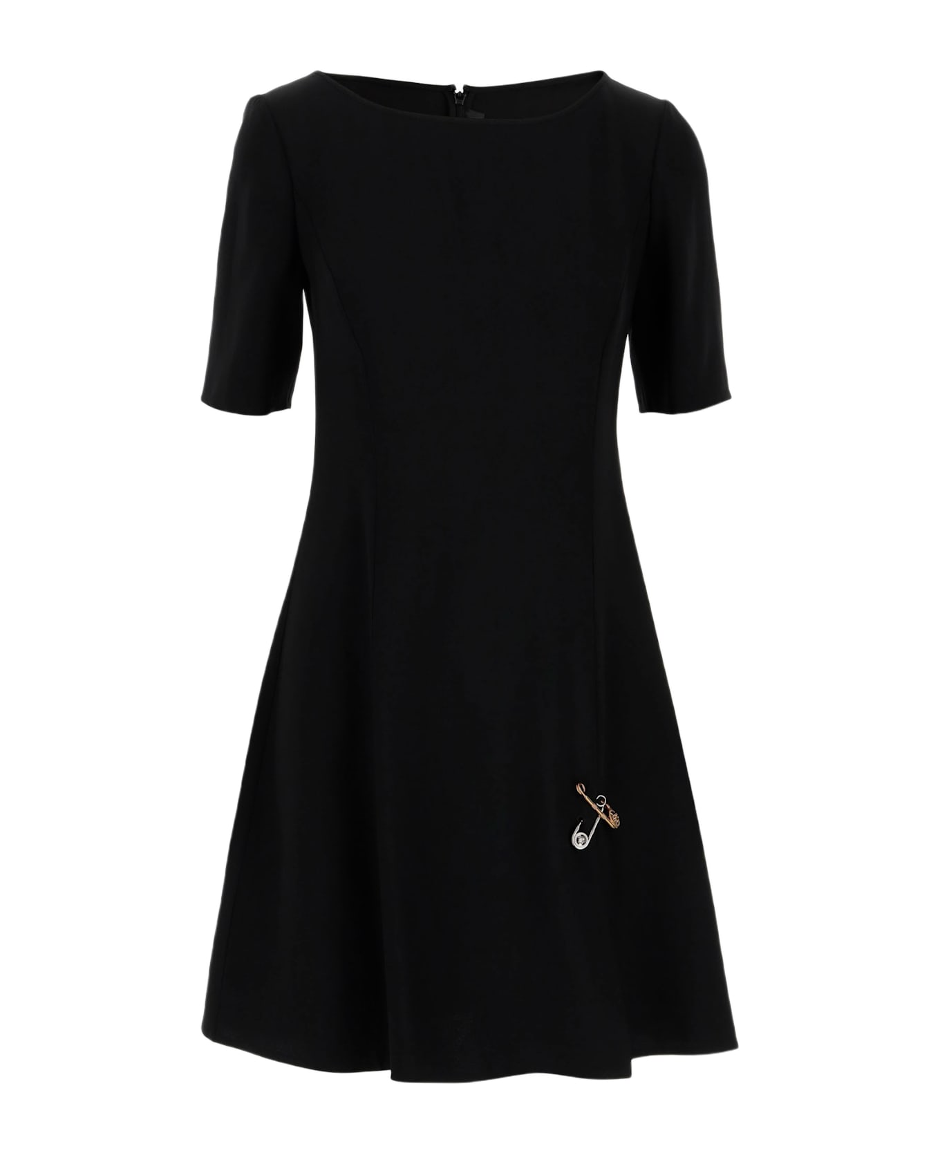 Versace Opaque Satin Flared Mini Dress With Brooch - Black