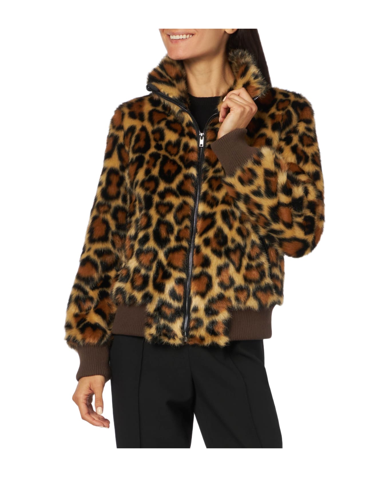 MC2 Saint Barth Woman Furry Short Jacket With Animalier Heart Print - BROWN