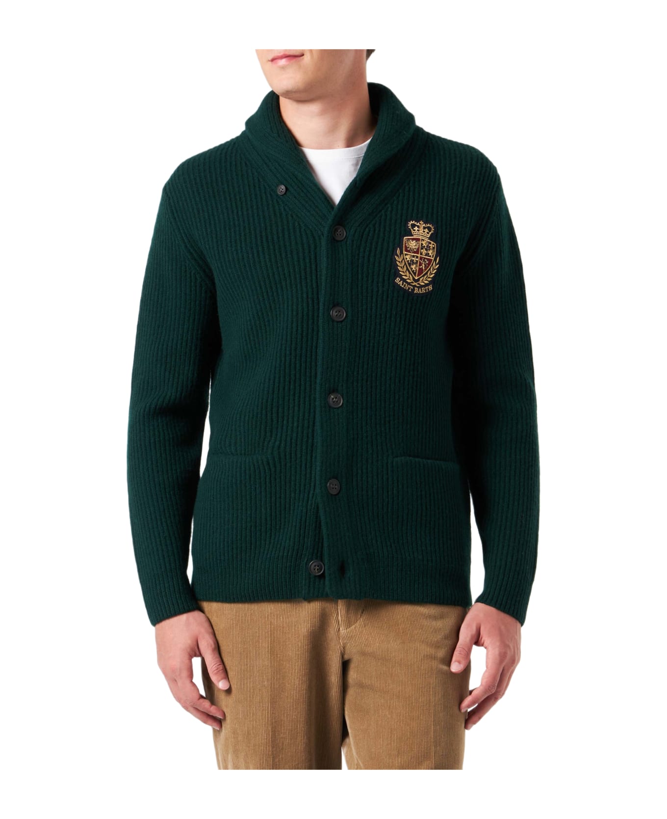 MC2 Saint Barth Man Shawl Collar Green Ribbed Cardigan With Pockets And Patch - GREEN