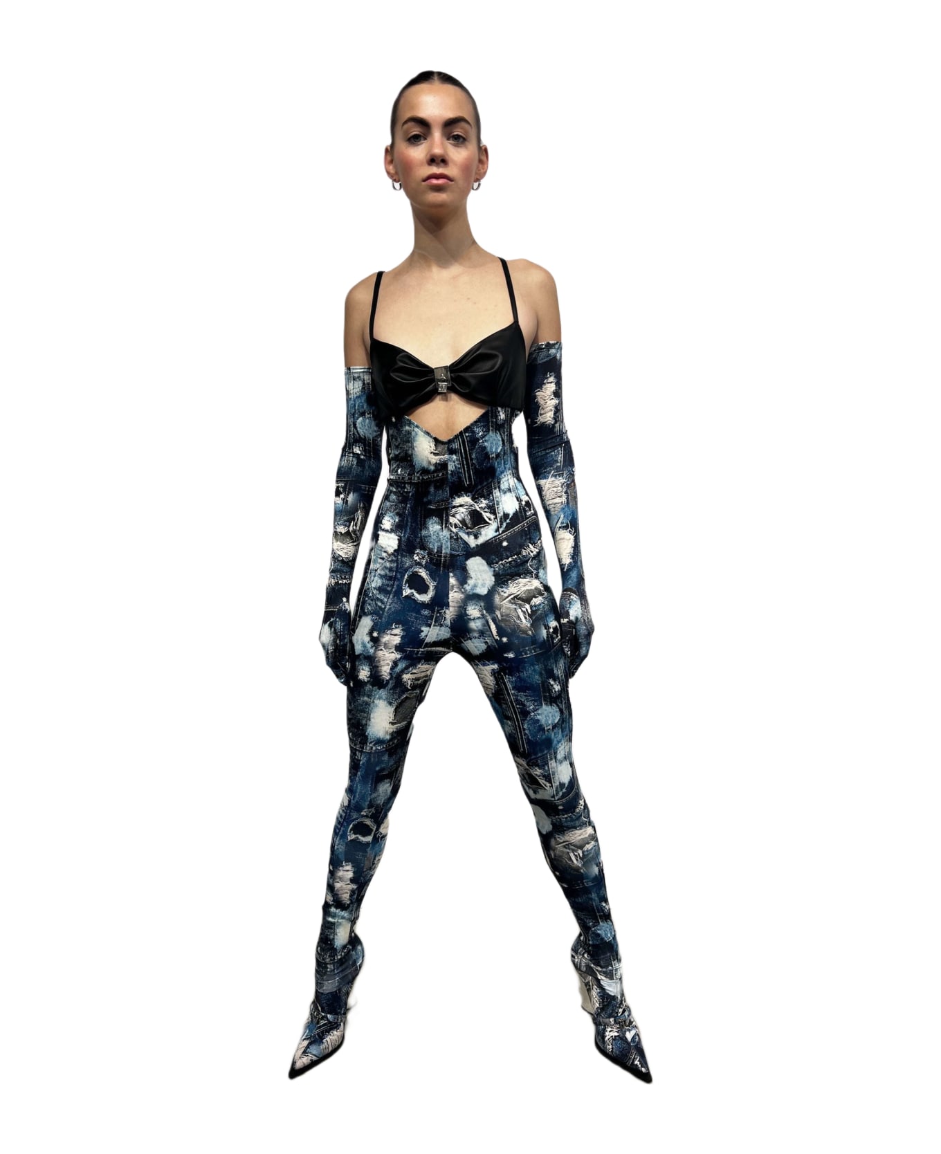 John Richmond Dress-suit With Iconic Runway Denim-effect Pattern. Contrasting Top And Thin Straps. - Fantasia