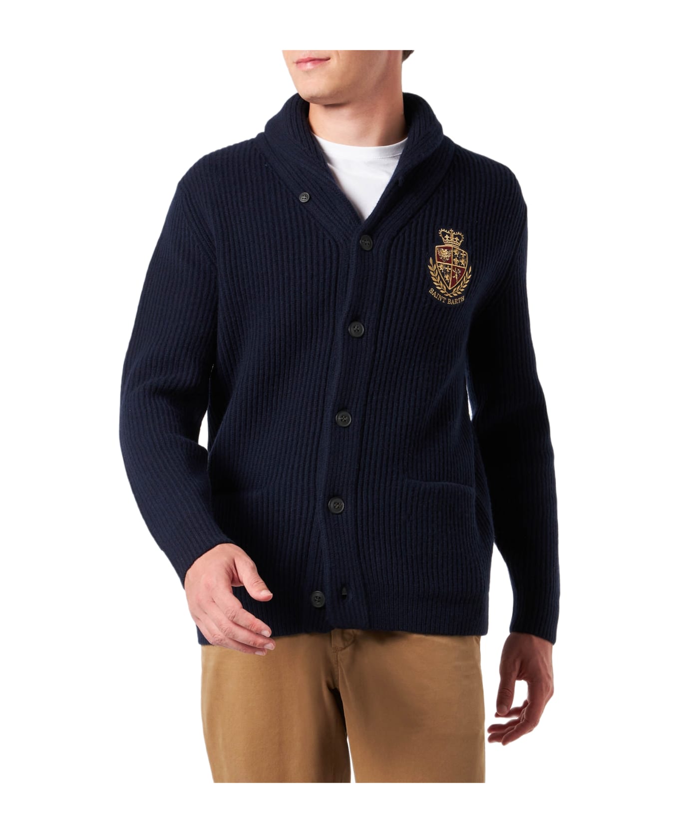 MC2 Saint Barth Man Shawl Collar Blue Ribbed Cardigan With Pockets And Patch - BLUE