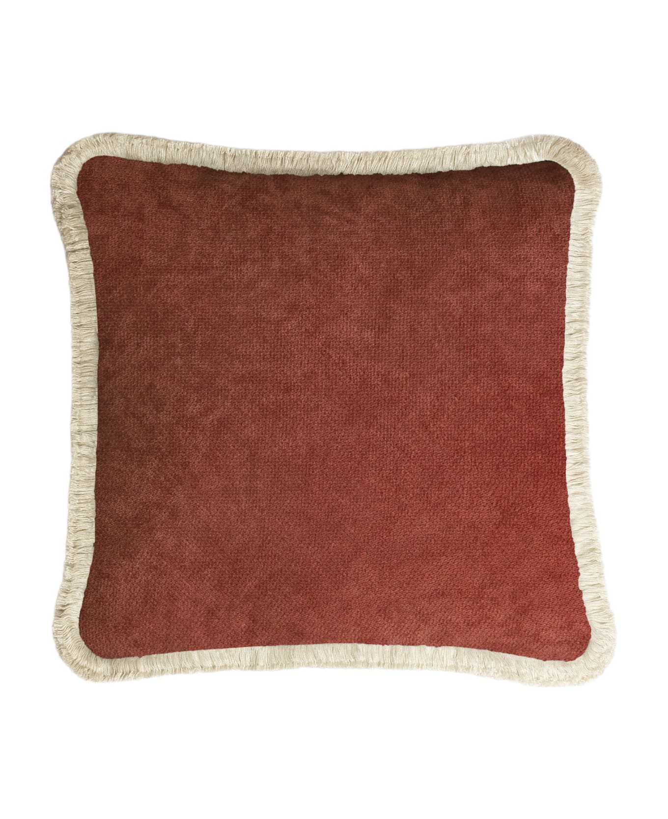 Lo Decor Happy Pillow   Brick Red Velvet With Dirty White  Fringes - Brick Red / Dirty White