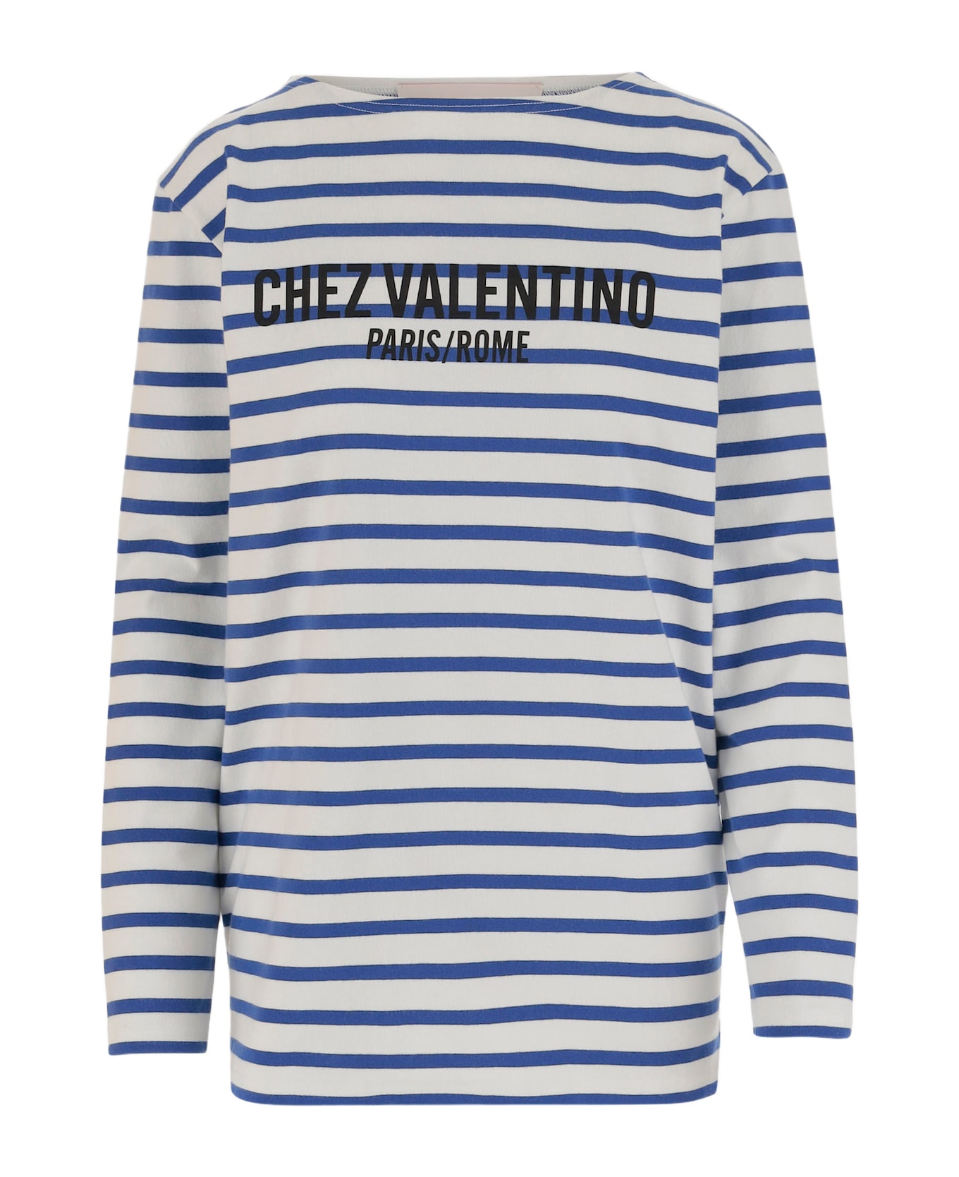 Valentino Garavani Long Sleeve Cotton T-shirt With Striped Pattern - AVORIO/BLU