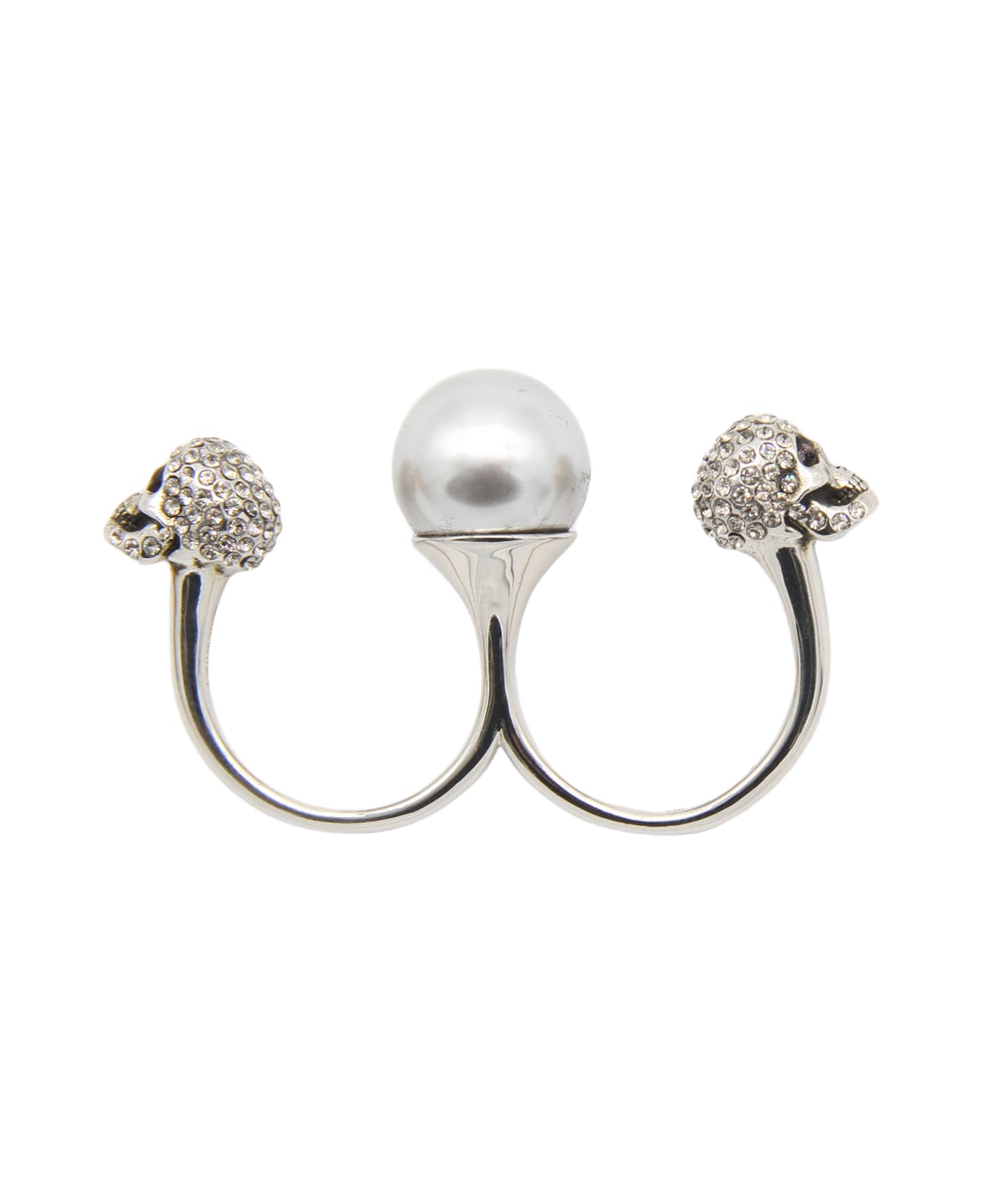 Alexander McQueen Pearl And Brass Skull Double Ring - Silver
