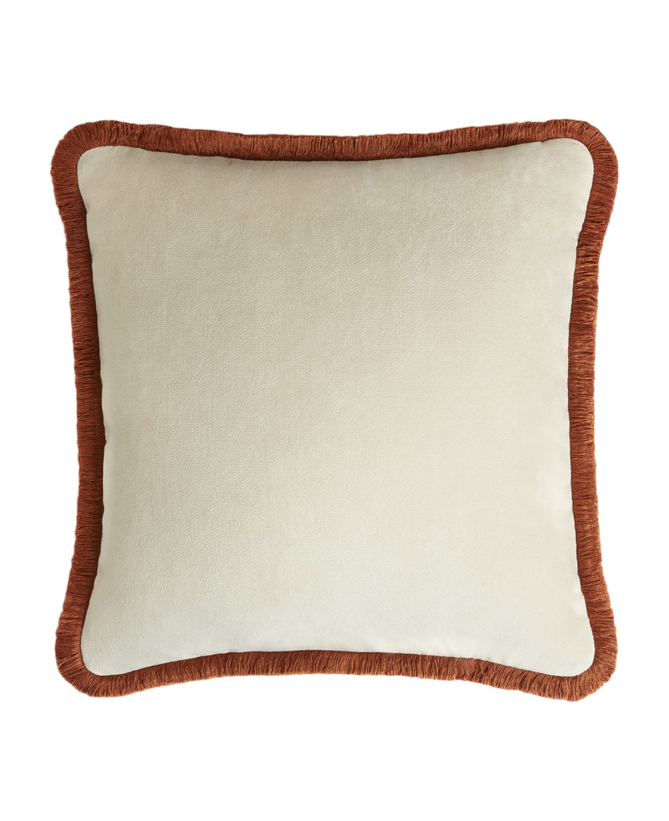 Lo Decor Happy Pillow   Dirty White Velvet With Brick Red Fringes - Dirty White / Brick red