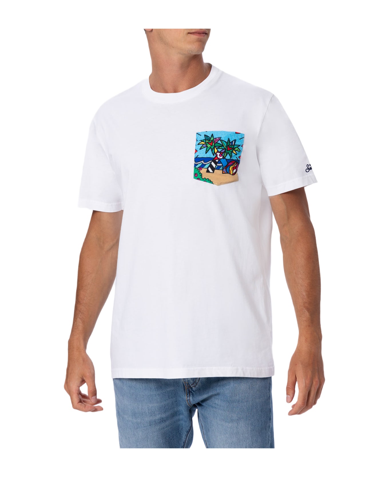 MC2 Saint Barth Man Cotton T-shirt Blanche With Britto Printed Pocket | ©britto Special Edition - WHITE