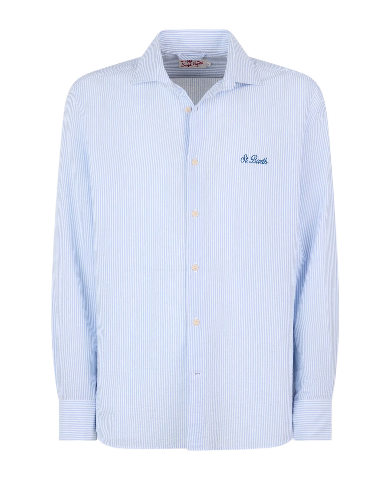 MC2 Saint Barth Man Seersucker Cotton Shirt Pamplona With Light Blue Stripes - SKY