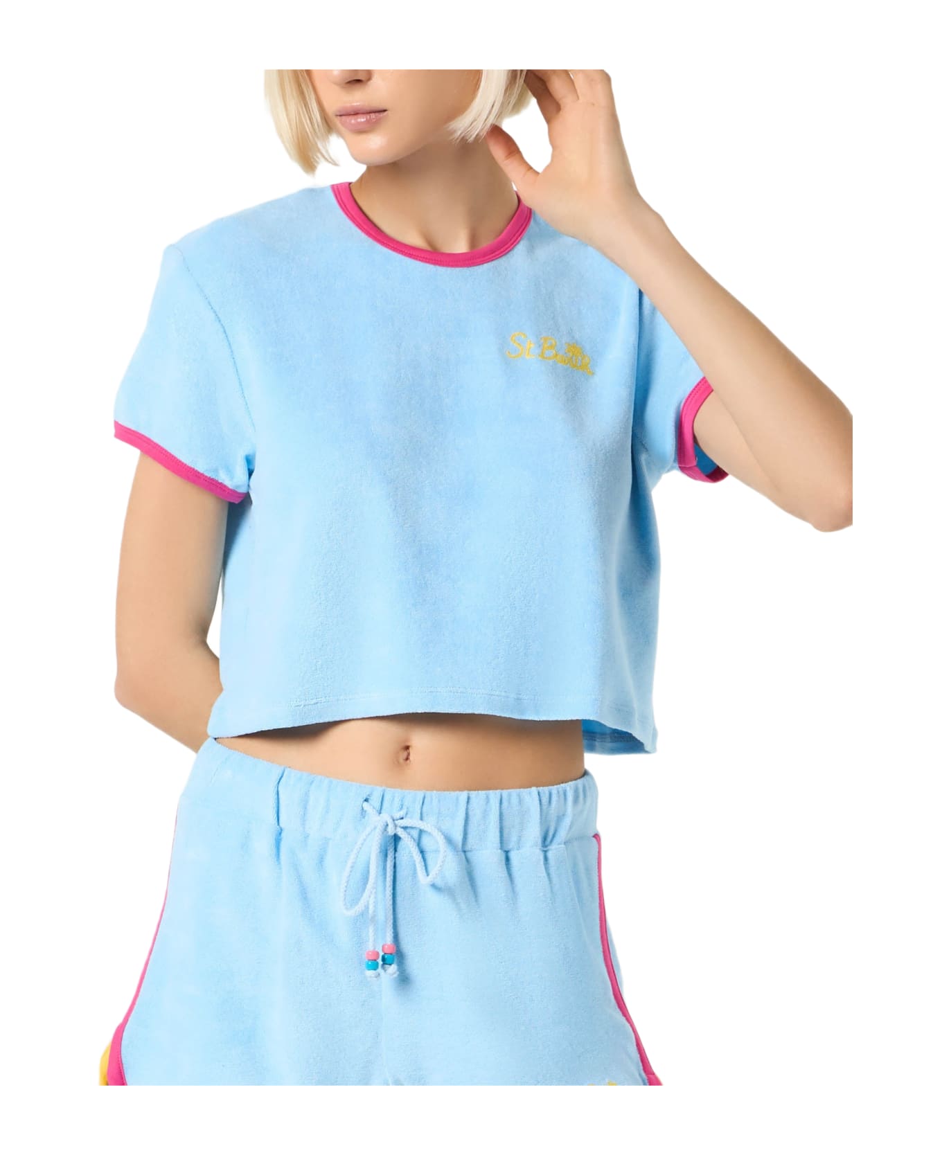 MC2 Saint Barth Woman Cropped T-shirt With Piping - BLUE Tシャツ
