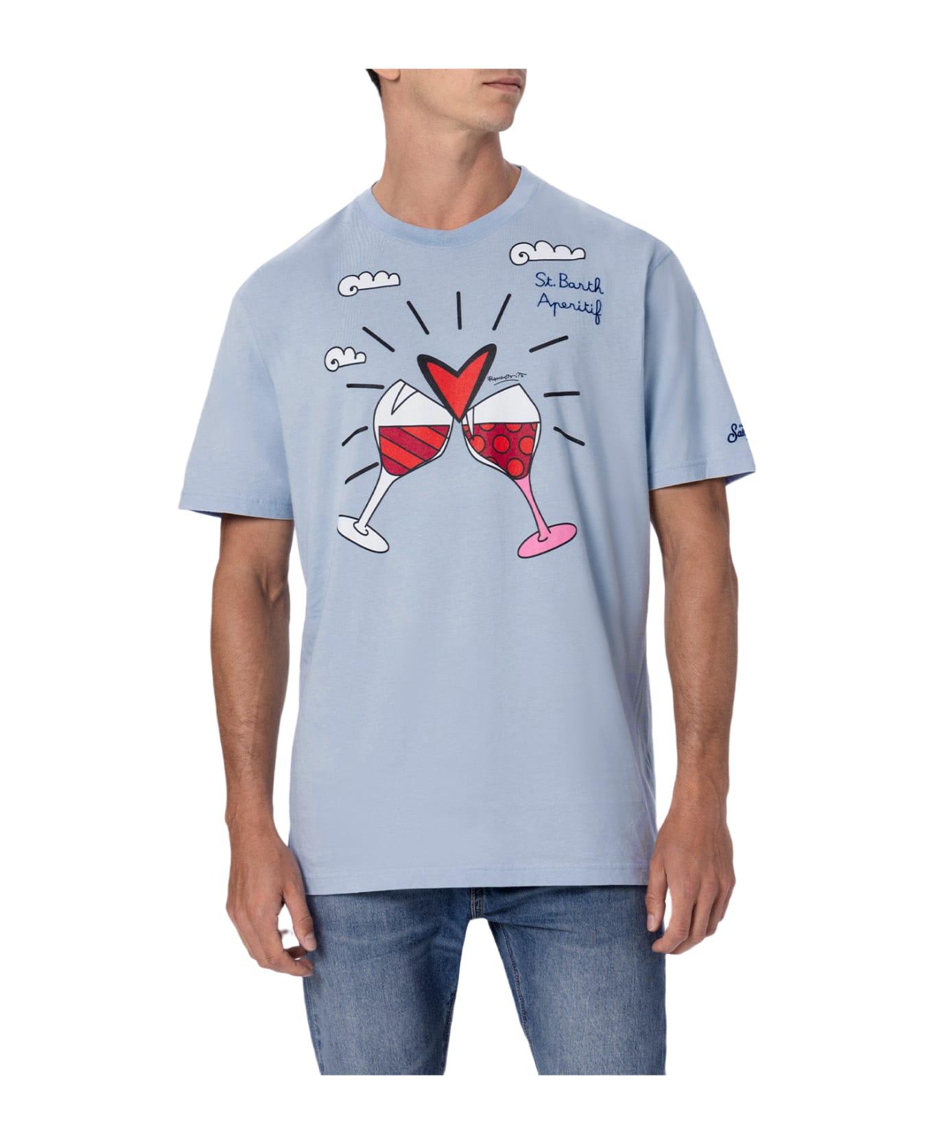 MC2 Saint Barth Man Cotton T-shirt With Britto Glasses Print And Embroidery | ©britto Special Edition - SKY