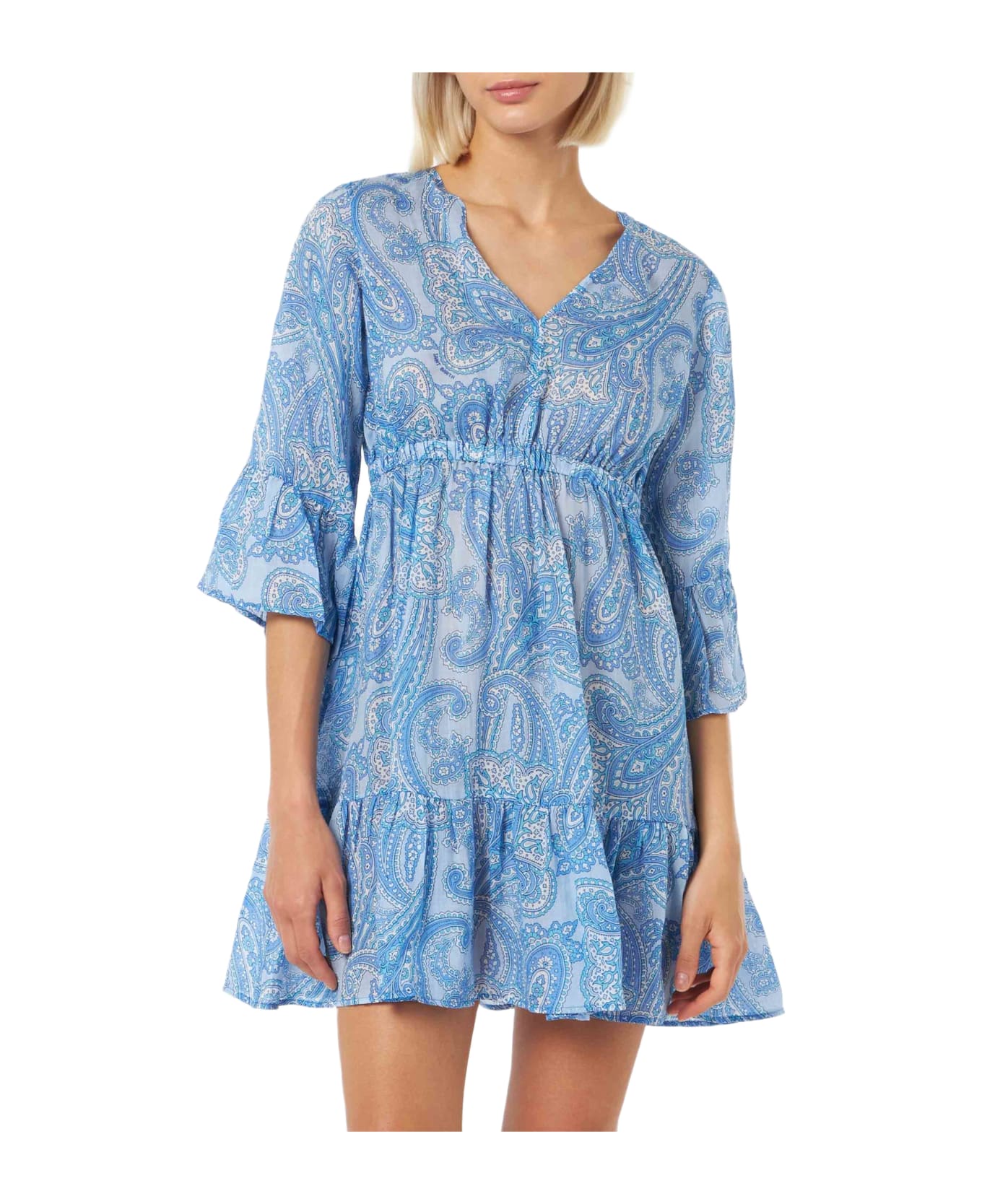 MC2 Saint Barth Woman Linen Paisly Short Dress April - SKY