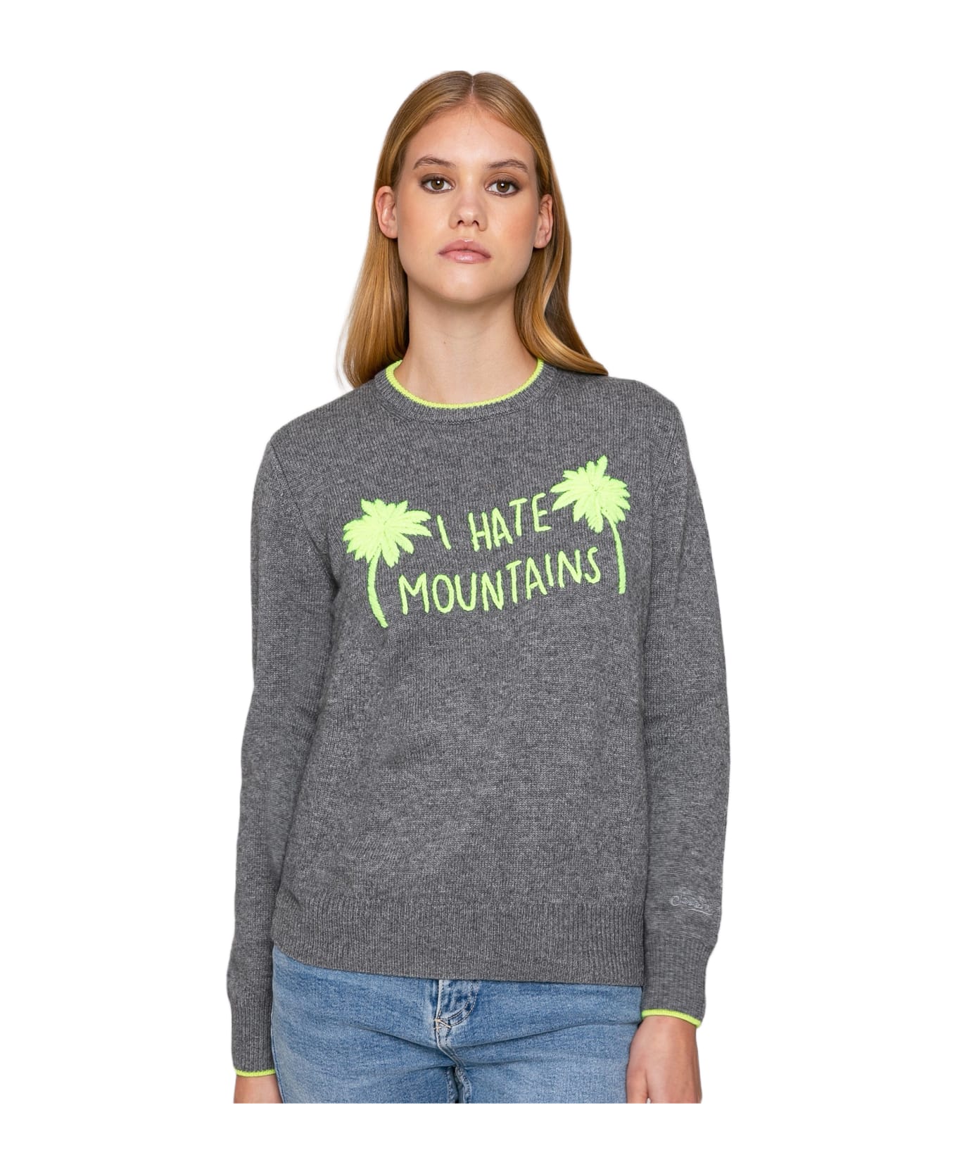 MC2 Saint Barth Woman Grey Sweater Yellow Fluo I Hate Mountains Embroidery - GREY